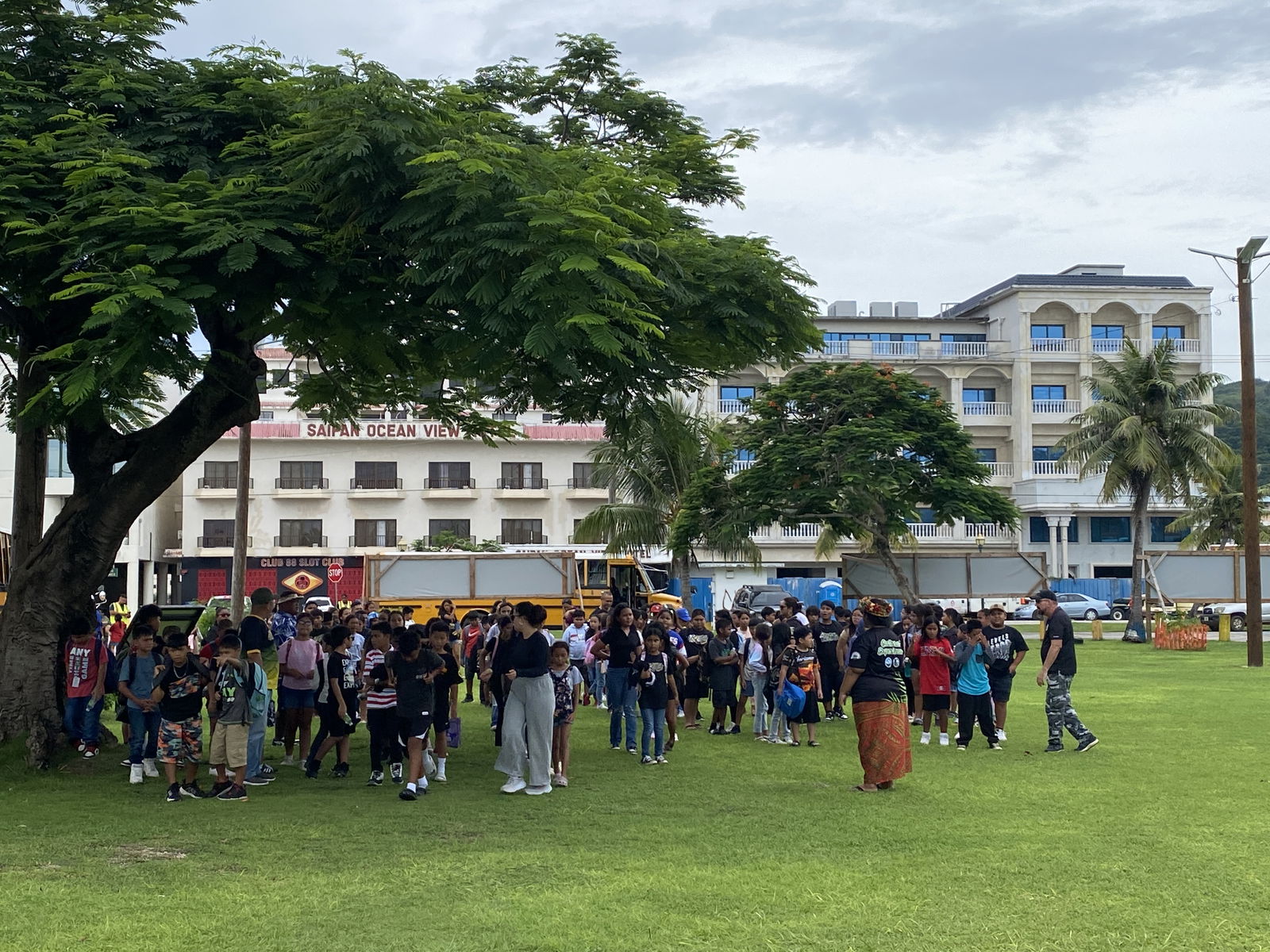 Students from Koblerville and San Vicente elementary schools arrive at the Carolinian Affairs Office to participate in cultural workshops on Friday, Sept. 6.  