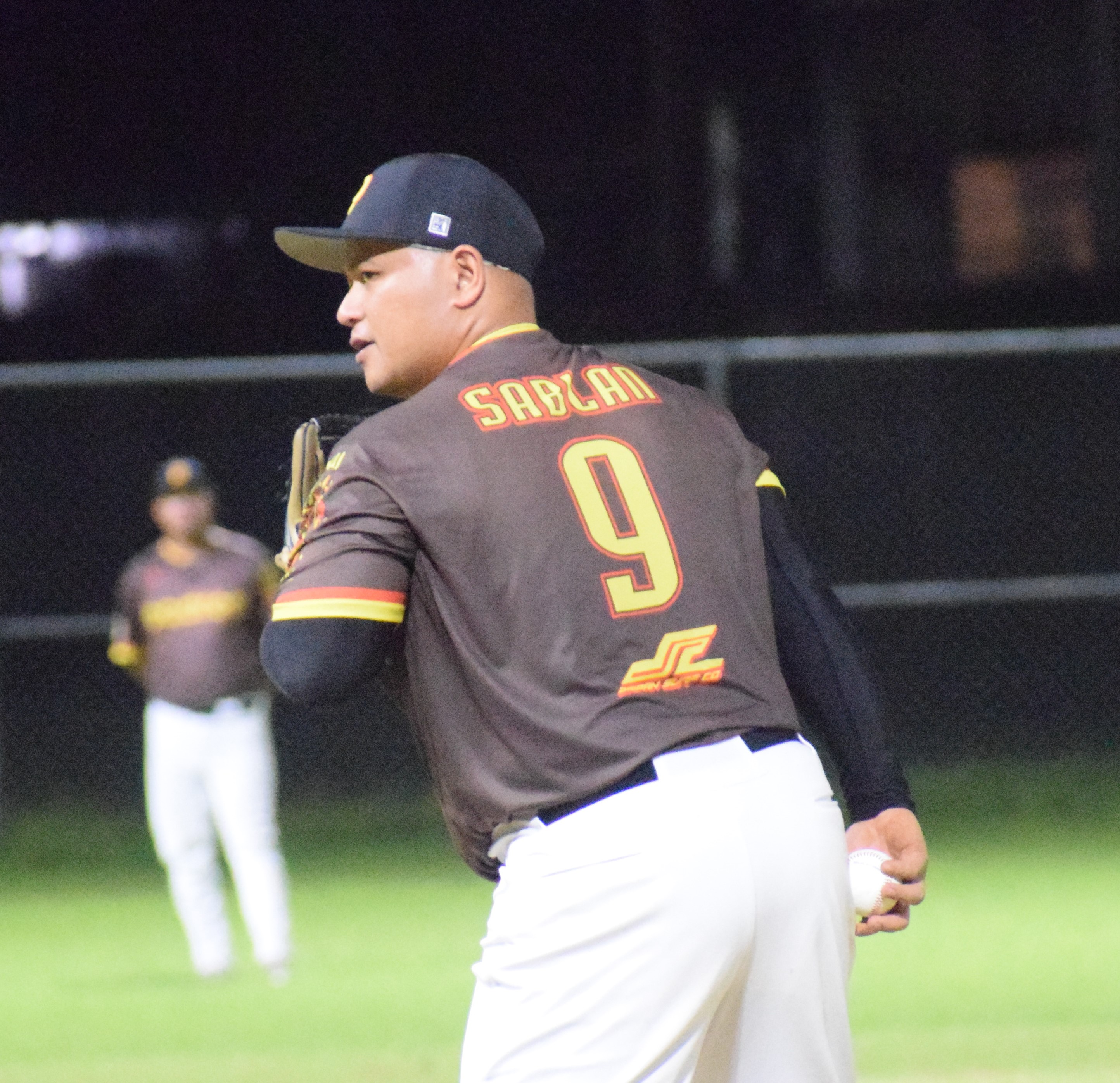 Padres pitcher JP Sablan looks at the batter during a semifinal game against the Bandits in the 2024 Tan Holdings Saipan Baseball League at the Francisco “Tan Ko” Palacios Baseball Field on Friday night.