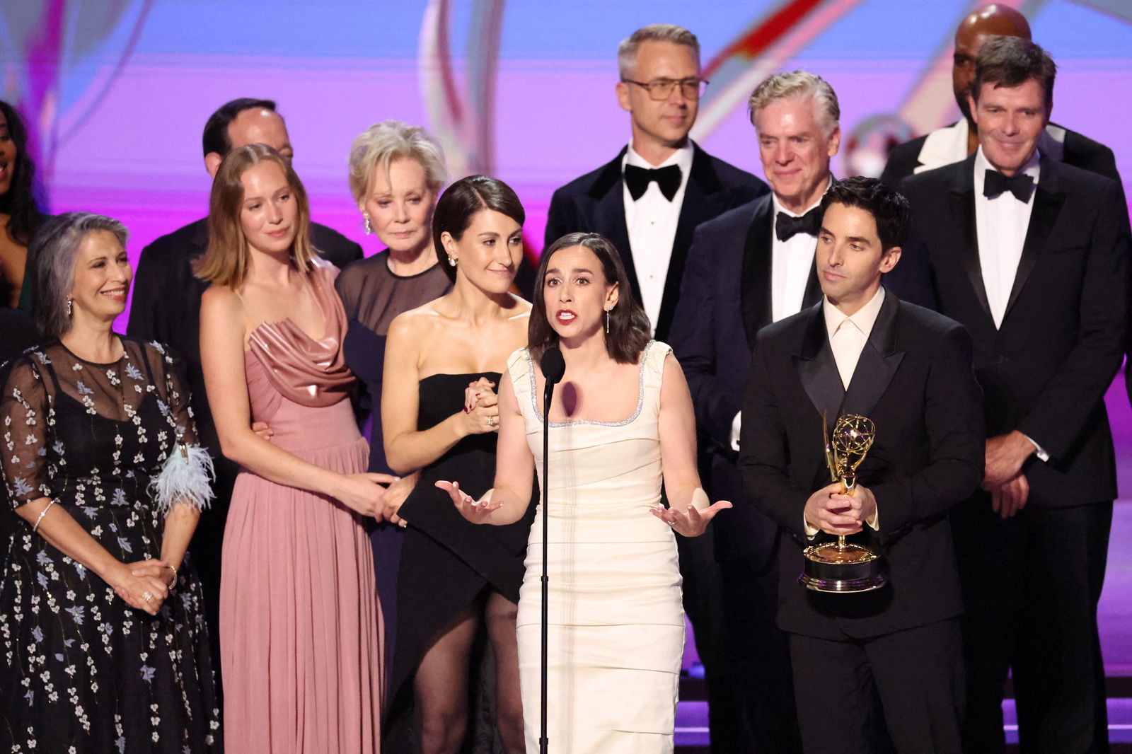 The cast and crew of "Hacks" accept the award for Best Comedy Series at the 76th Primetime Emmy Awards in Los Angeles, California, Sept. 15, 2024.