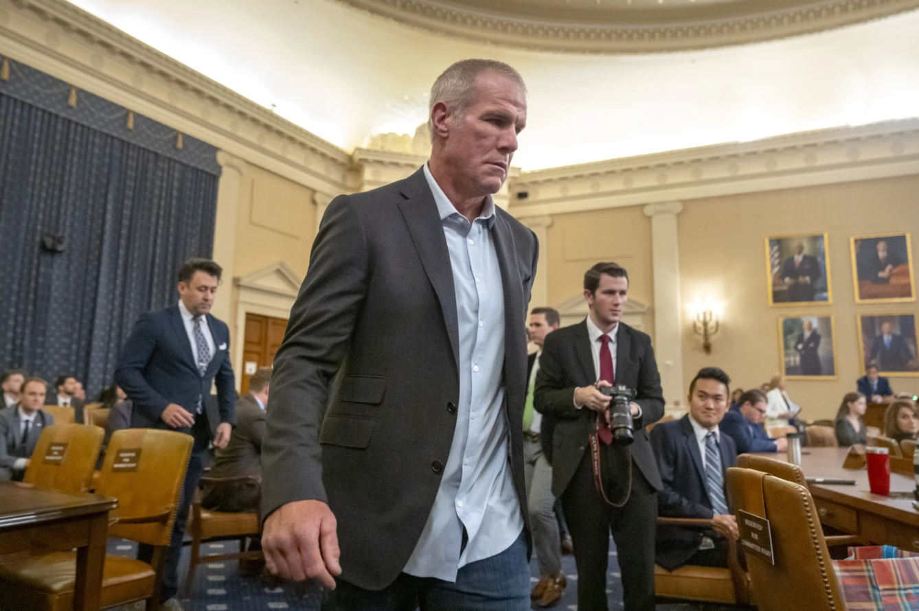 Former NFL quarterback Brett Favre arrives to appear before the House Ways and Means Committee on Capitol Hill, Tuesday, Sept. 24 2024.