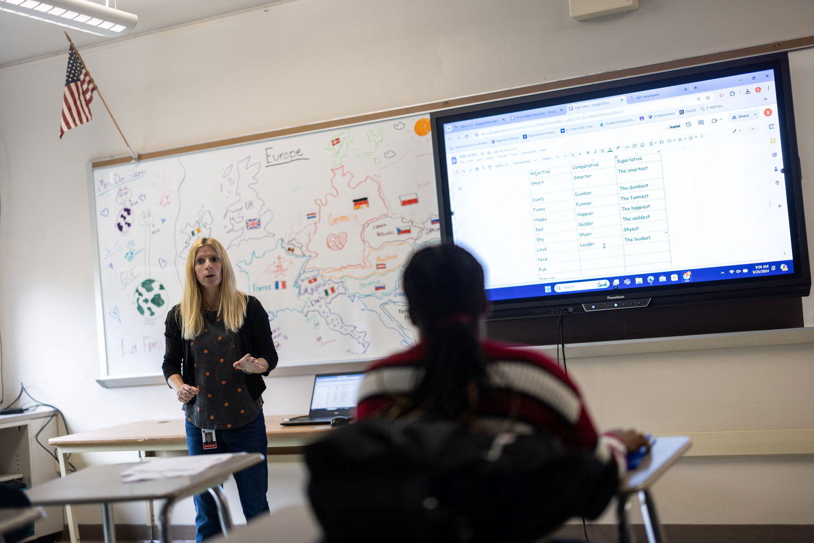 Teacher Bridget DeFazio talks to students during class at the local high school in Charleroi, Pennsylvania, Sept. 25, 2024.