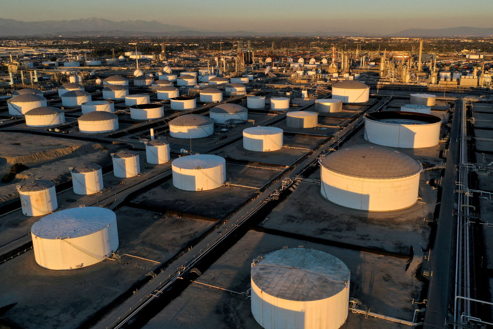 Storage tanks are seen at Marathon Petroleum's Los Angeles Refinery, which processes domestic & imported crude oil in Carson, California, March 11, 2022.
