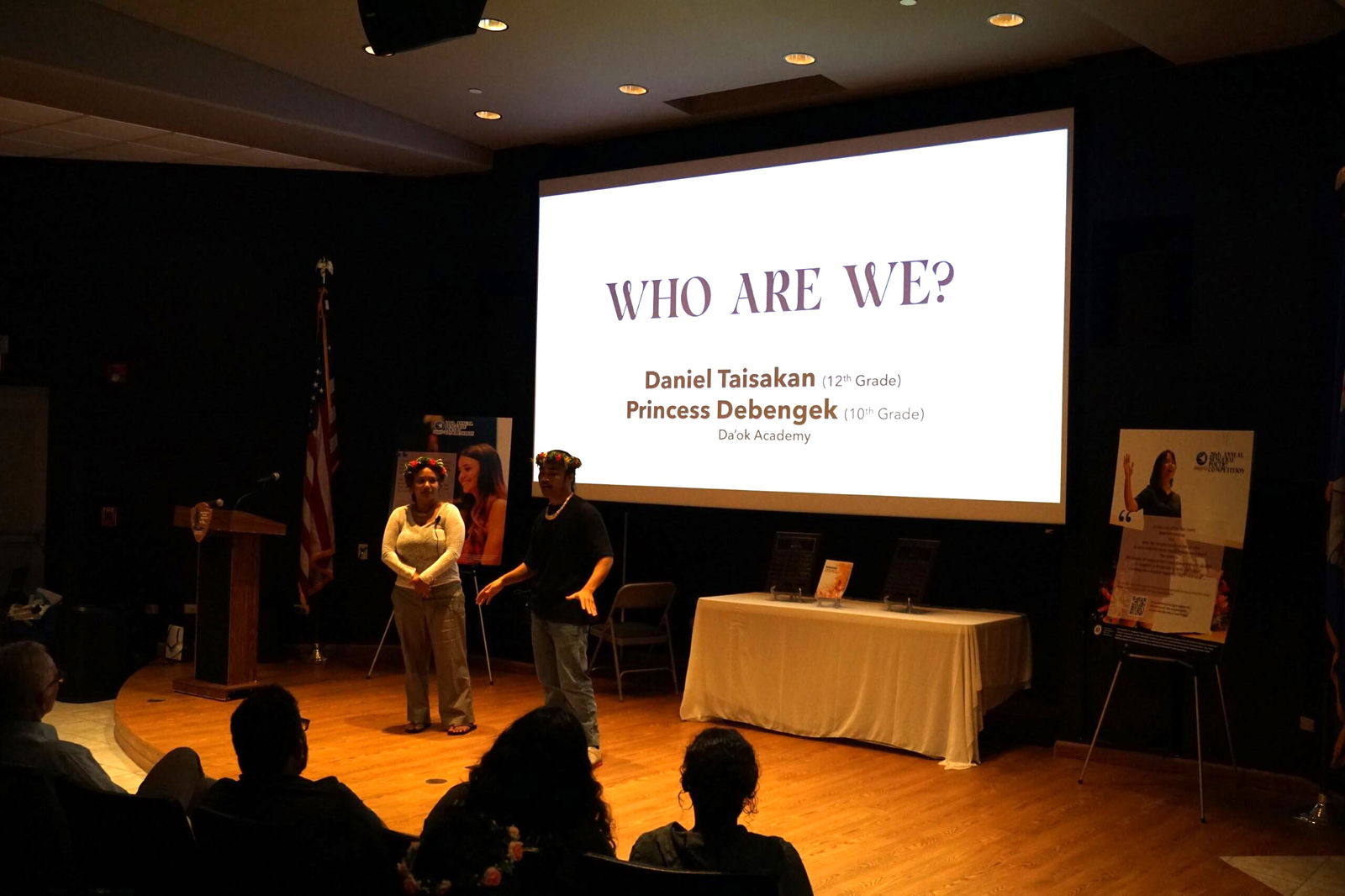 Daneil Taisakan, right, and Princess Debengek perform the original work, "Who Are We?" The pair, from Da'ok Academy, took second place in the competition. It is Da'ok Academy's first entry in the competition.