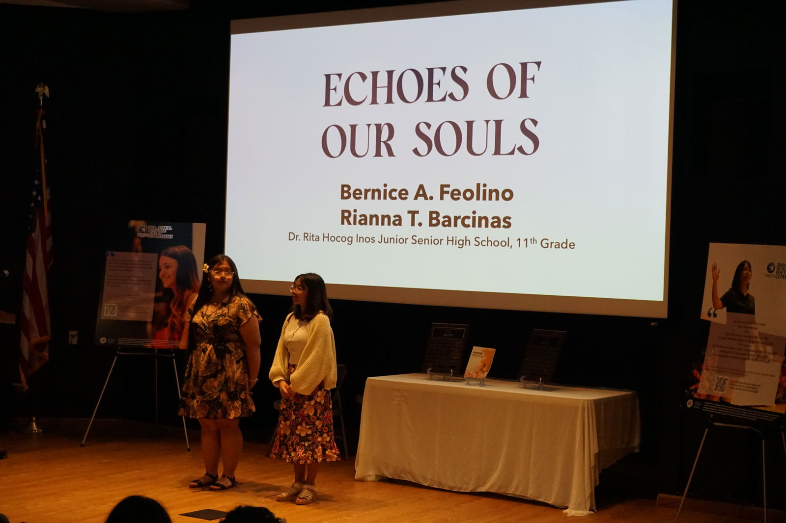 Rianna Barcinas, left, and Bernice Feolino on stage. 