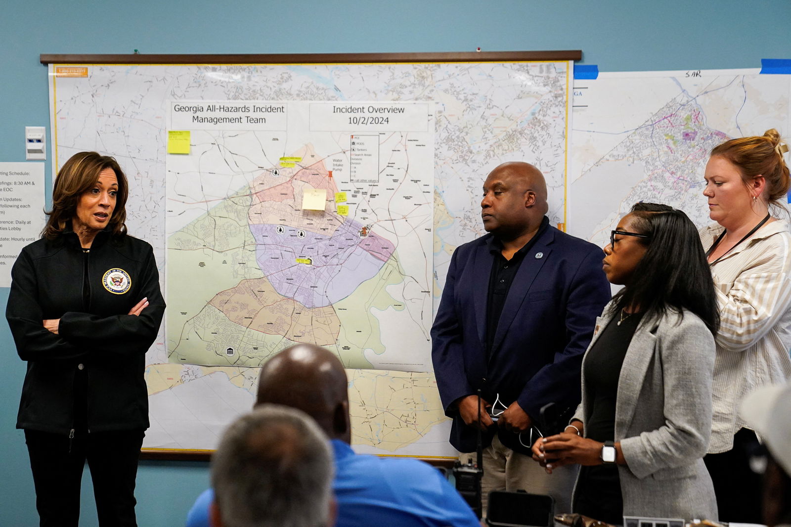 Vice President Kamala Harris speaks to first responders at the Augusta Emergency Operations Center during a visit to storm-damaged areas in the wake of Hurricane Helene, in Augusta, Georgia, Oct. 2, 2024.