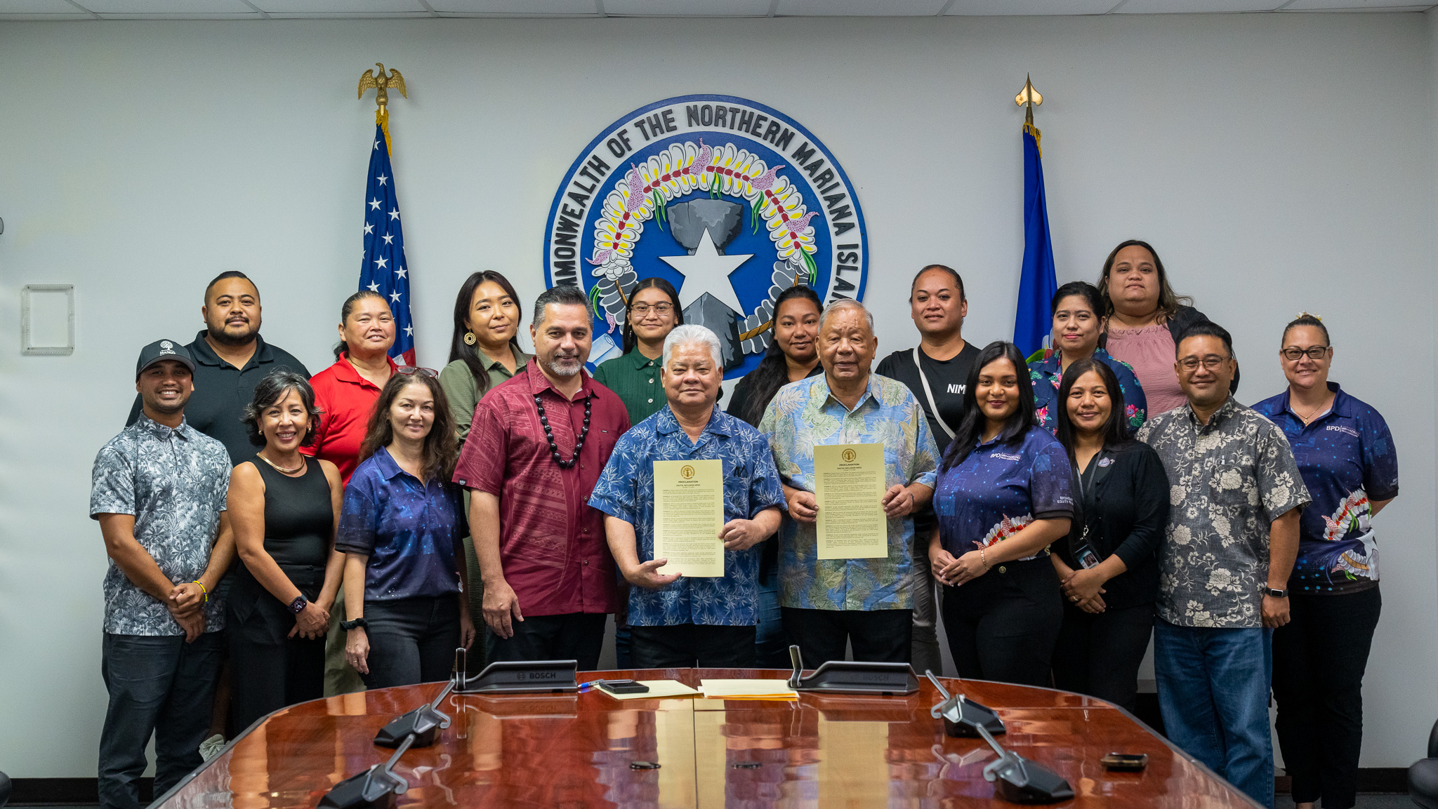 Gov. Arnold I. Palacios, center right, and Lt. Gov. David M. Apatang, center left, stand alongside CNMI stakeholders and legislators during the proclamation for Digital Inclusion Week on Sept. 27, 2024. The event marked a significant step towards improving digital equity in the CNMI. Ethan Lake, 4th left first row, NTIA federal program officer for the Pacific territories, was present to show his support.