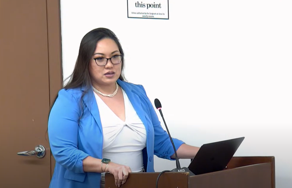 Then-Commonwealth Utilities Corporation grants writer Candice Nicole LG Muna appears before a joint Public Utilities, Transportation & Communications Conference Committee in the House chamber on Thursday, Oct. 3, 2024.