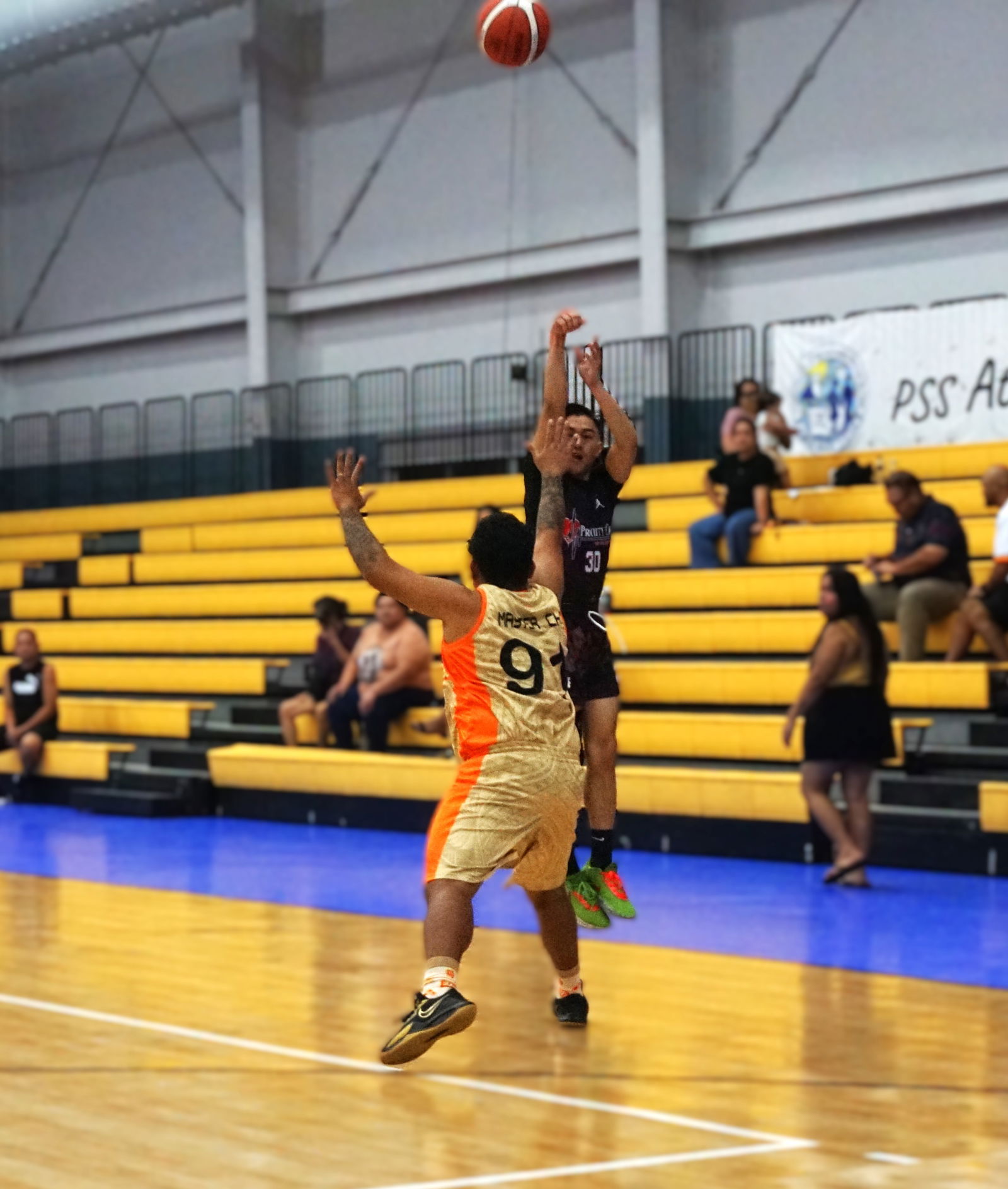 Priority Care’s Steve King pulls up for the contested three-point shot during a game against PSS in the 2024 RJ Wine & Liquor Inter-Government/Business Basketball League at the Ada gym on Monday.