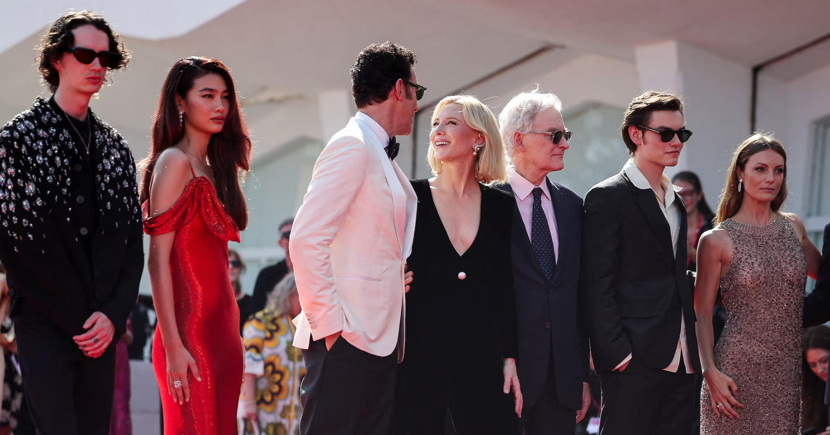 Cast members Cate Blanchett, Kevin Kline, Sacha Baron Cohen, HoYeon Jung, Kodi Smit-McPhee, Louis Partridge and Leila George pose on the red carpet during arrivals for the screening of the mini-series "Disclaimer," out of competition, at the 81st Venice Film Festival, in Venice, Italy, Aug. 29, 2024.