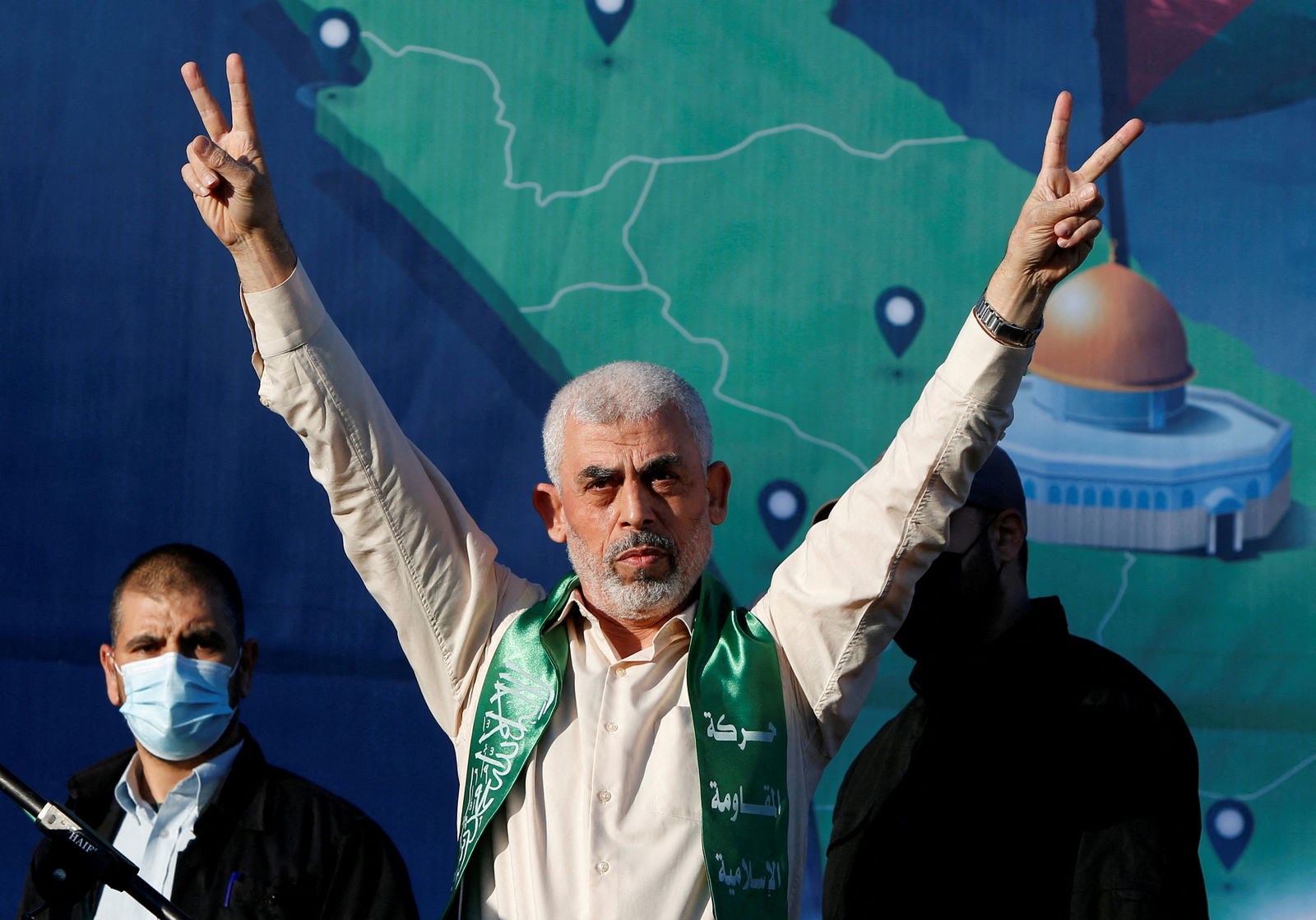 Hamas Gaza chief Yahya Sinwar gestures during an anti-Israel rally in Gaza City, May 24, 2021.