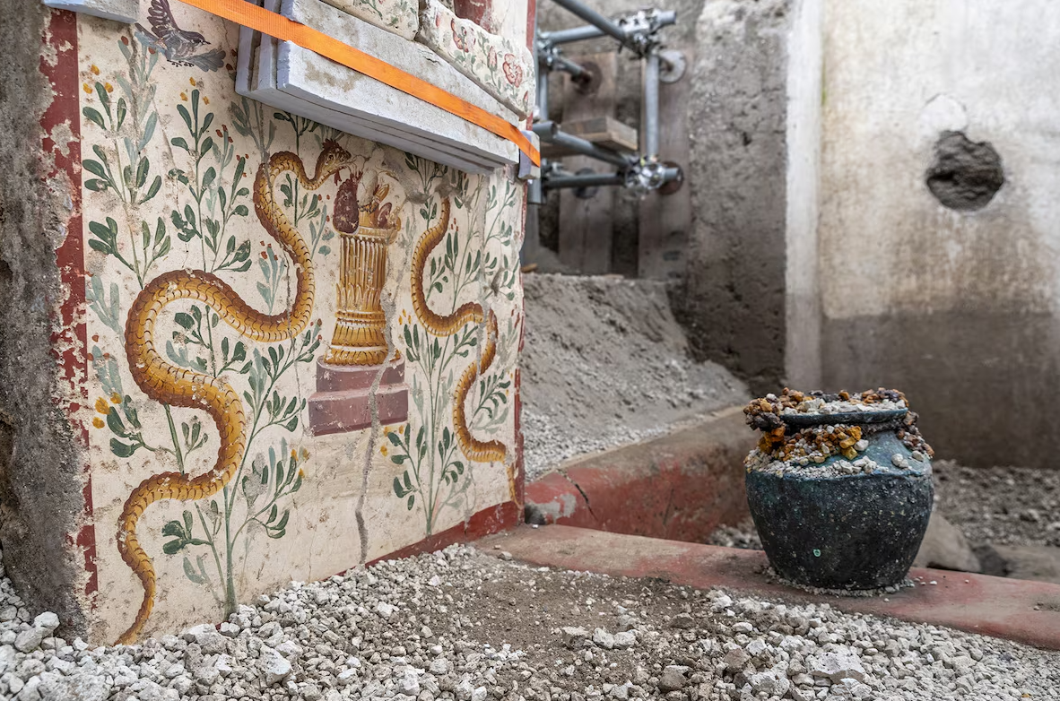 A detail of a richly decorated but uncommonly small house with finely preserved frescoes of mythological scenes, in the archeological site in Pompeii, Italy, in this handout photo obtained by Reuters on Oct. 24, 2024.