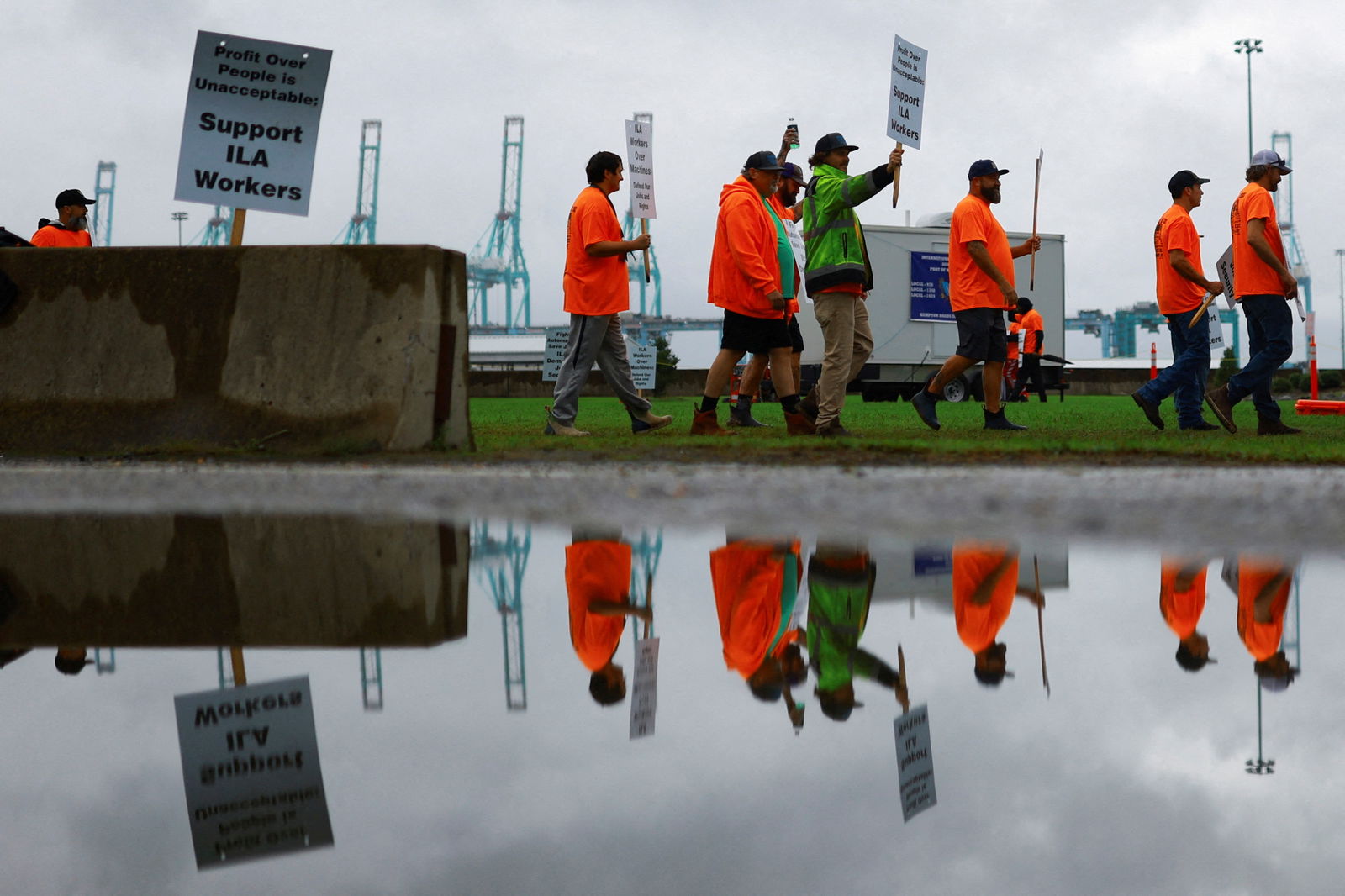 Port workers from the International Longshoremen's Association participate in a strike in the Virginia International Gateway in Portsmouth, Virginia, Oct. 1, 2024.
