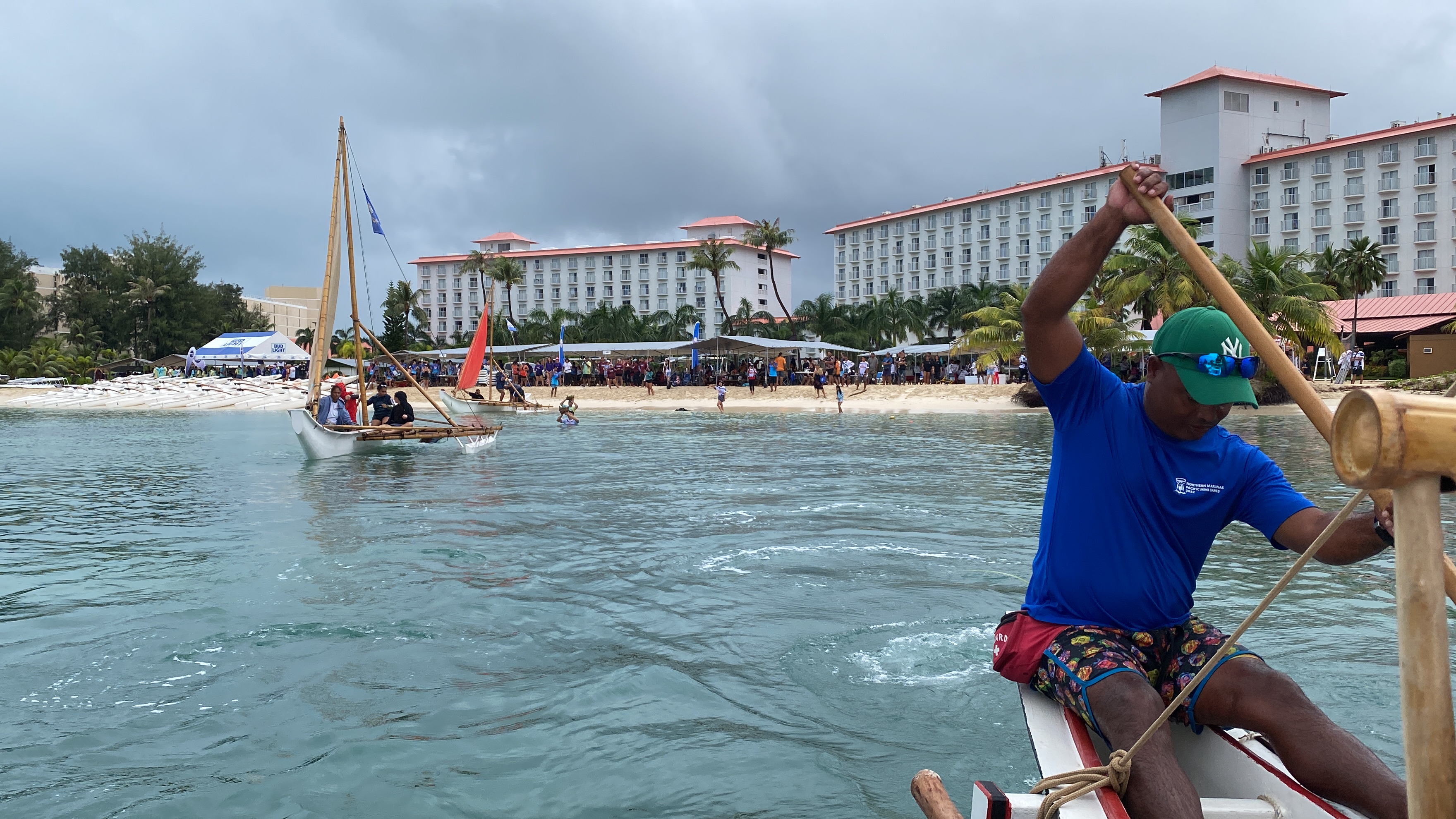This photo was taken from the deck of Mikaela as it sailed away from the Micro Cup race venue. In the background are Anaguan and Richard Seman.
