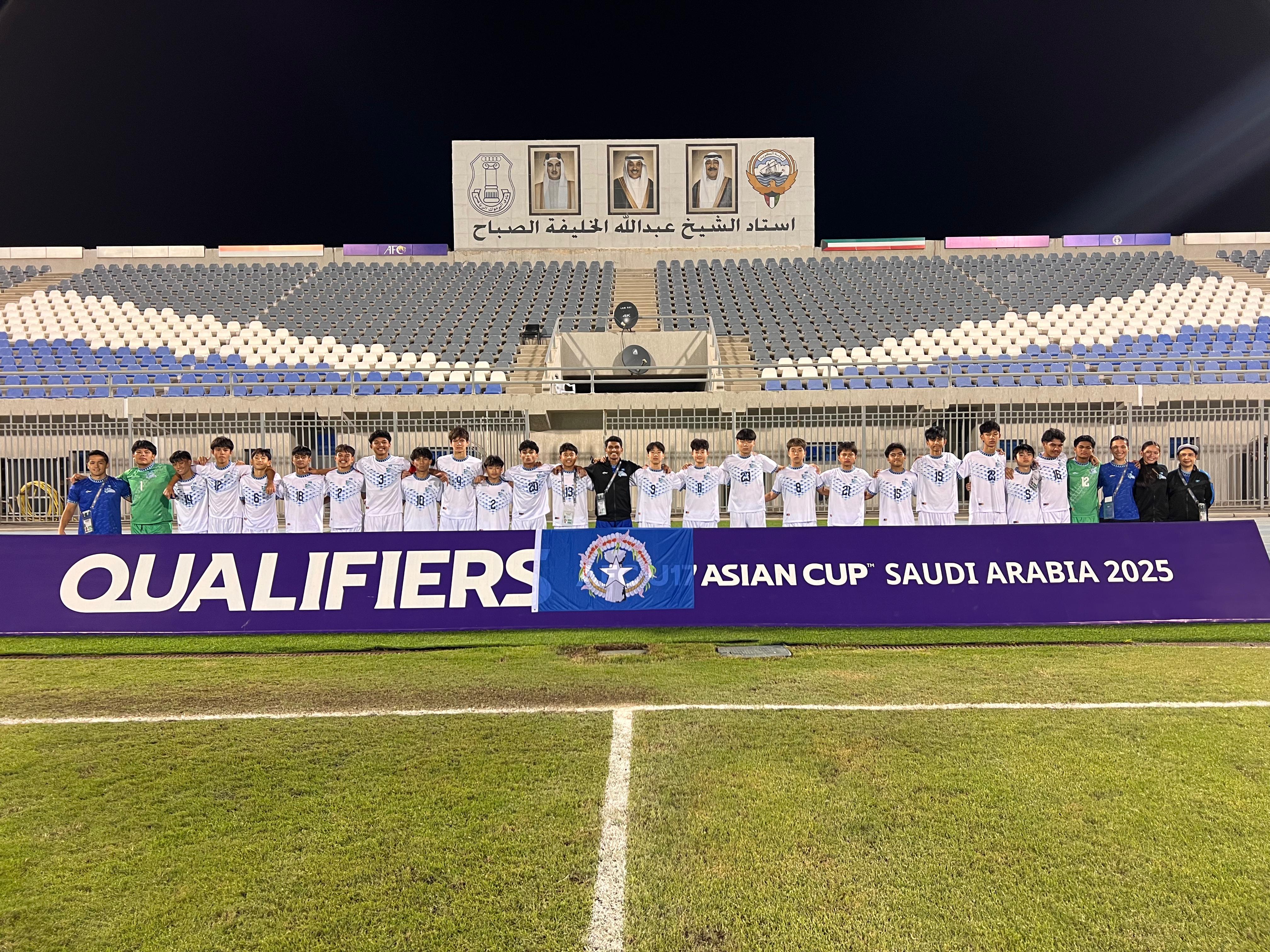 The NMI U17 Men's National Team members pose for a group photo at the Asian Football Confederation U17 Asian Cup 2025 Qualifiers at Abdullah Al Khalifa Stadium in Salmiya, Kuwait. 