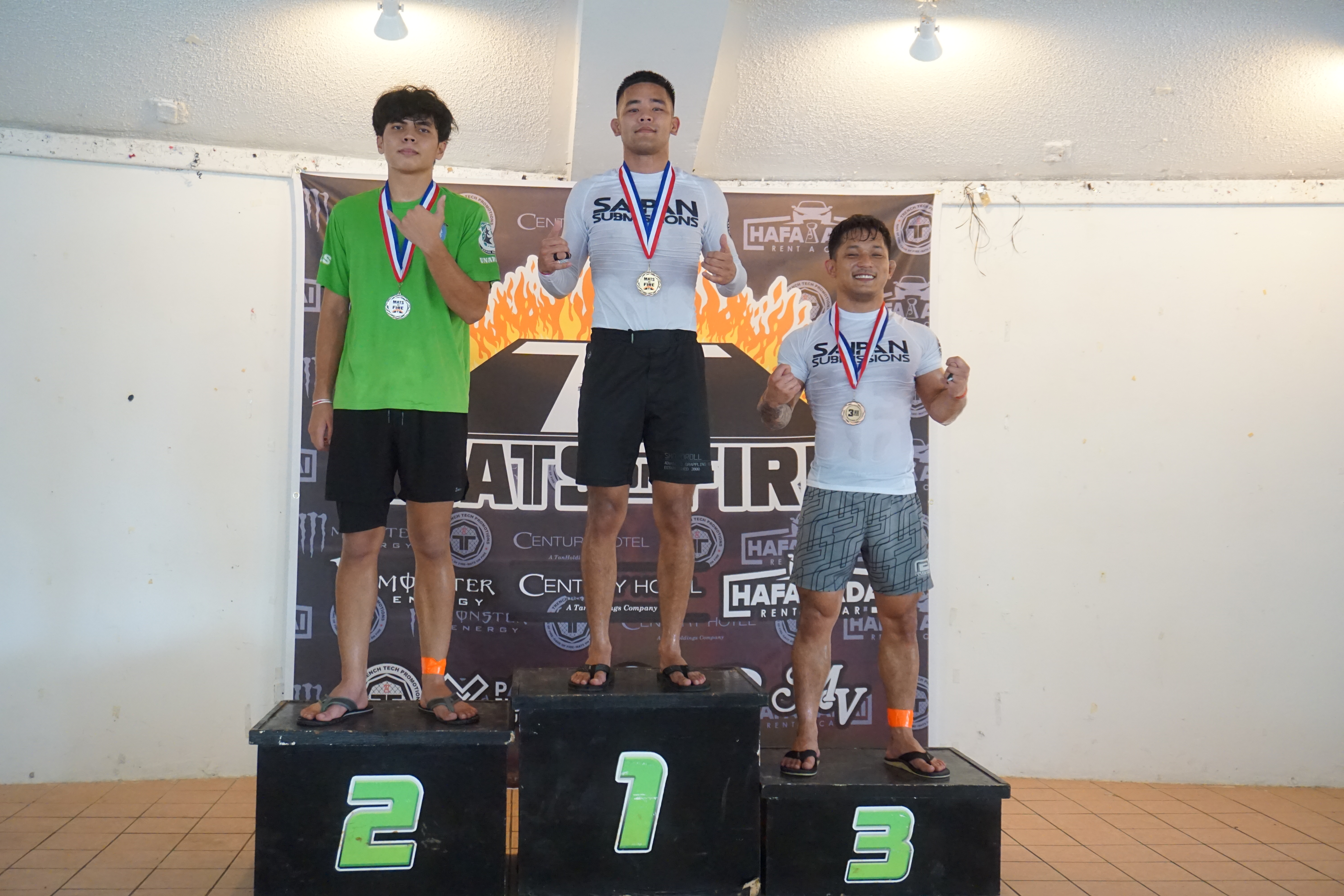 Featherweights 1st place Jake Yamagishi; 2nd place Mathew Salas; 3rd place Javin Okawa.