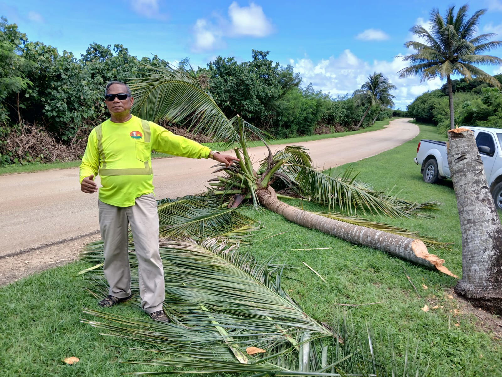 Community volunteer Max Aguon points to a coconut tree at a Marpi tourist site that was cut down by an unknown person on Sunday.