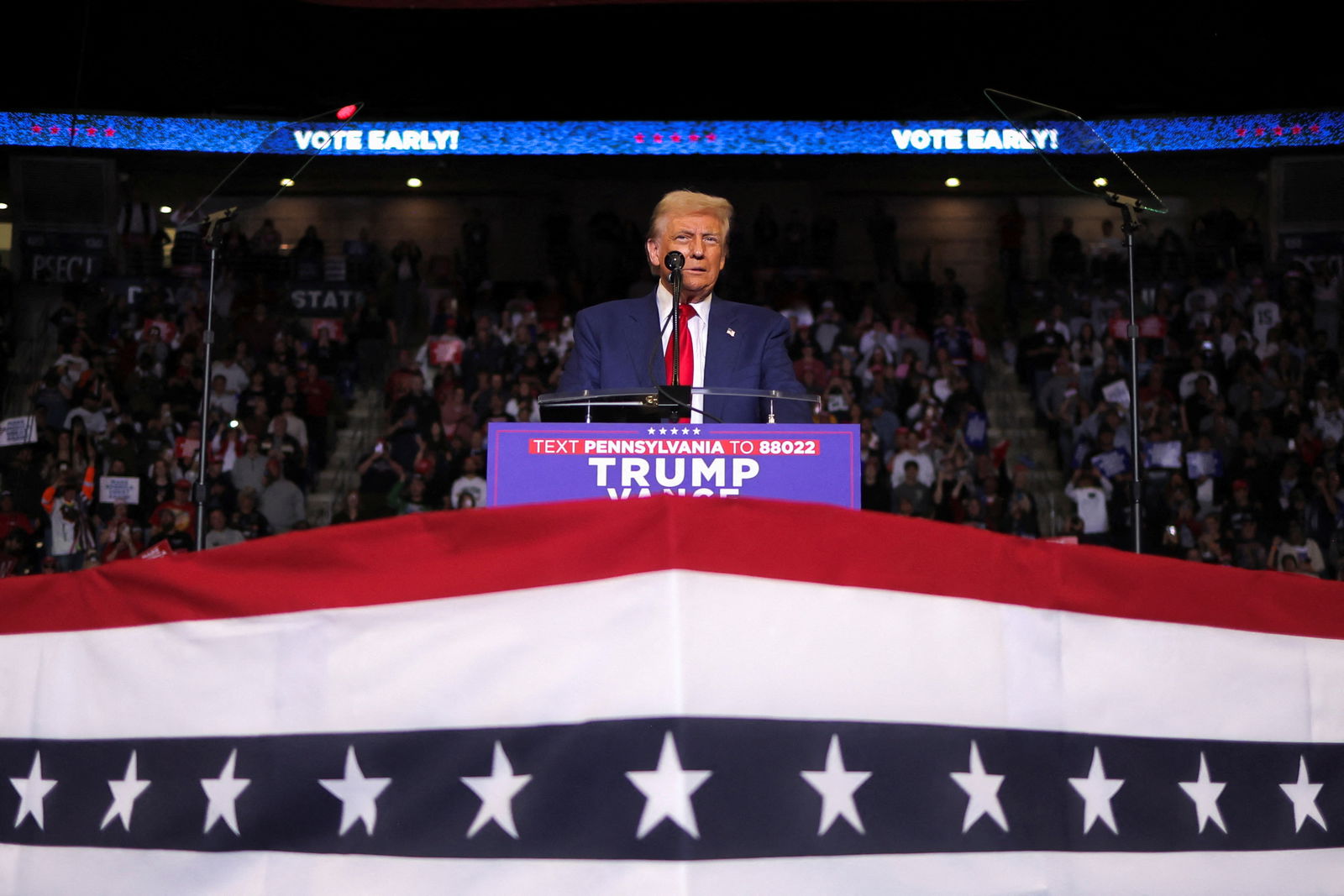Republican presidential nominee and former President Donald Trump speaks during a rally in State College, Pennsylvania, Oct. 26, 2024.