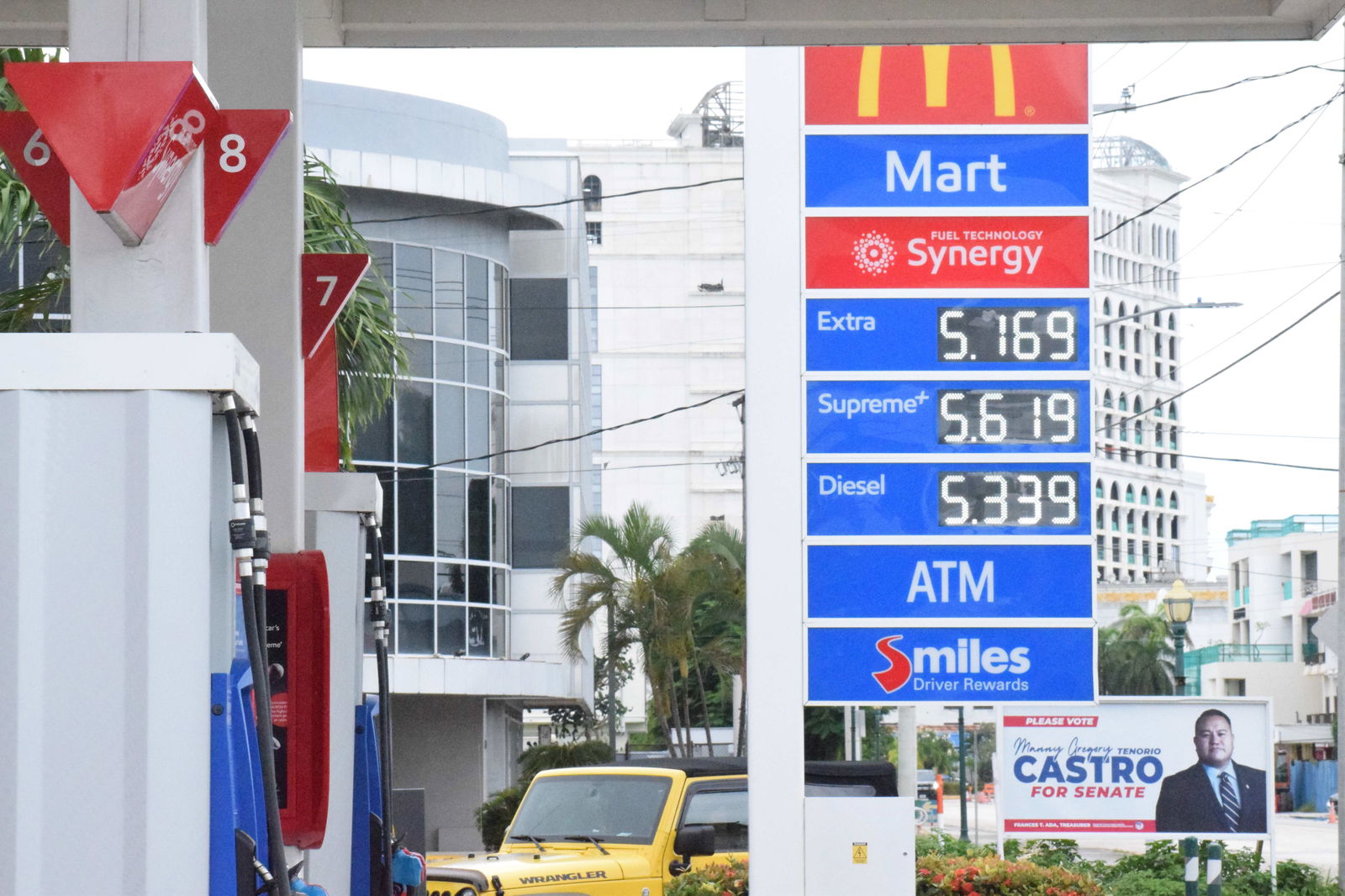 Mobil Oil Marianas on Beach Road in Garapan displays its prices on Sunday, Oct. 20, 2024.