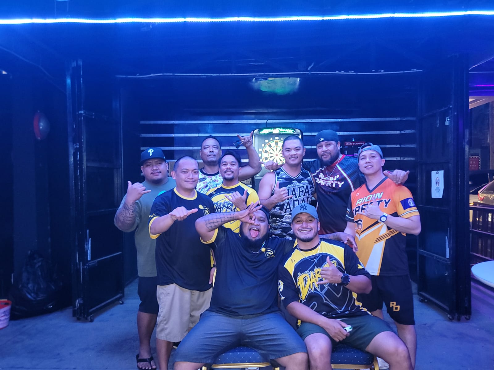 Bourbon Street Bar & Café Drunken Dart and Spicy Thai Ridin’ Darrty players pose for a group photo after their match in the A Division of the 2024 SEDA Bud Light Dart League at Bourbon Street Bar & Café on Monday. 