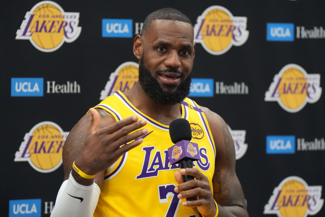 Los Angeles Lakers forward LeBron James (6) speaks during media day at the UCLA Health Training Center in El Segundo, California on Sept. 30, 2024.