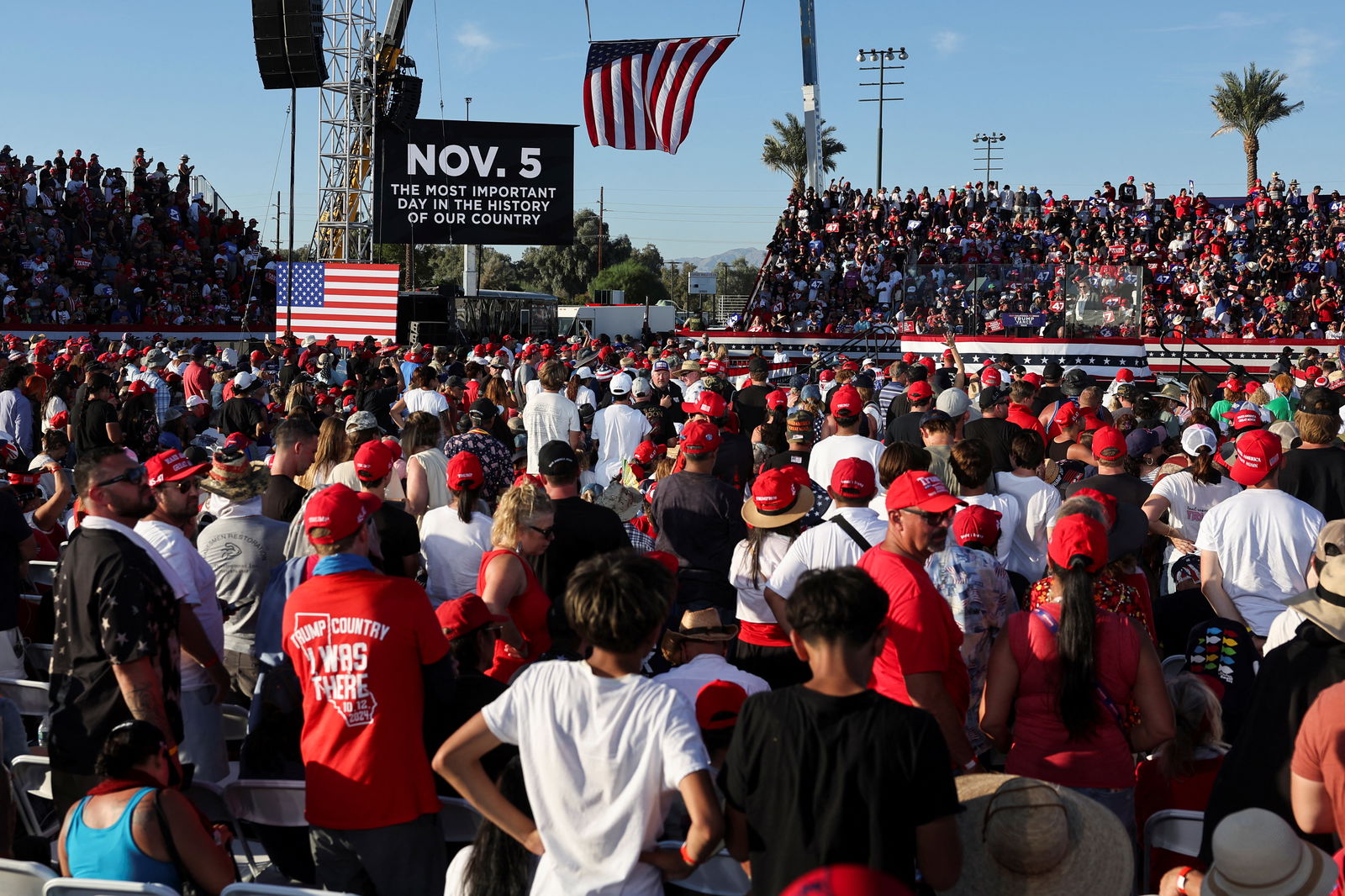 A message is displayed on a screen, during a rally for Republican presidential nominee Donald Trump, in Coachella, California, Oct. 12, 2024. 