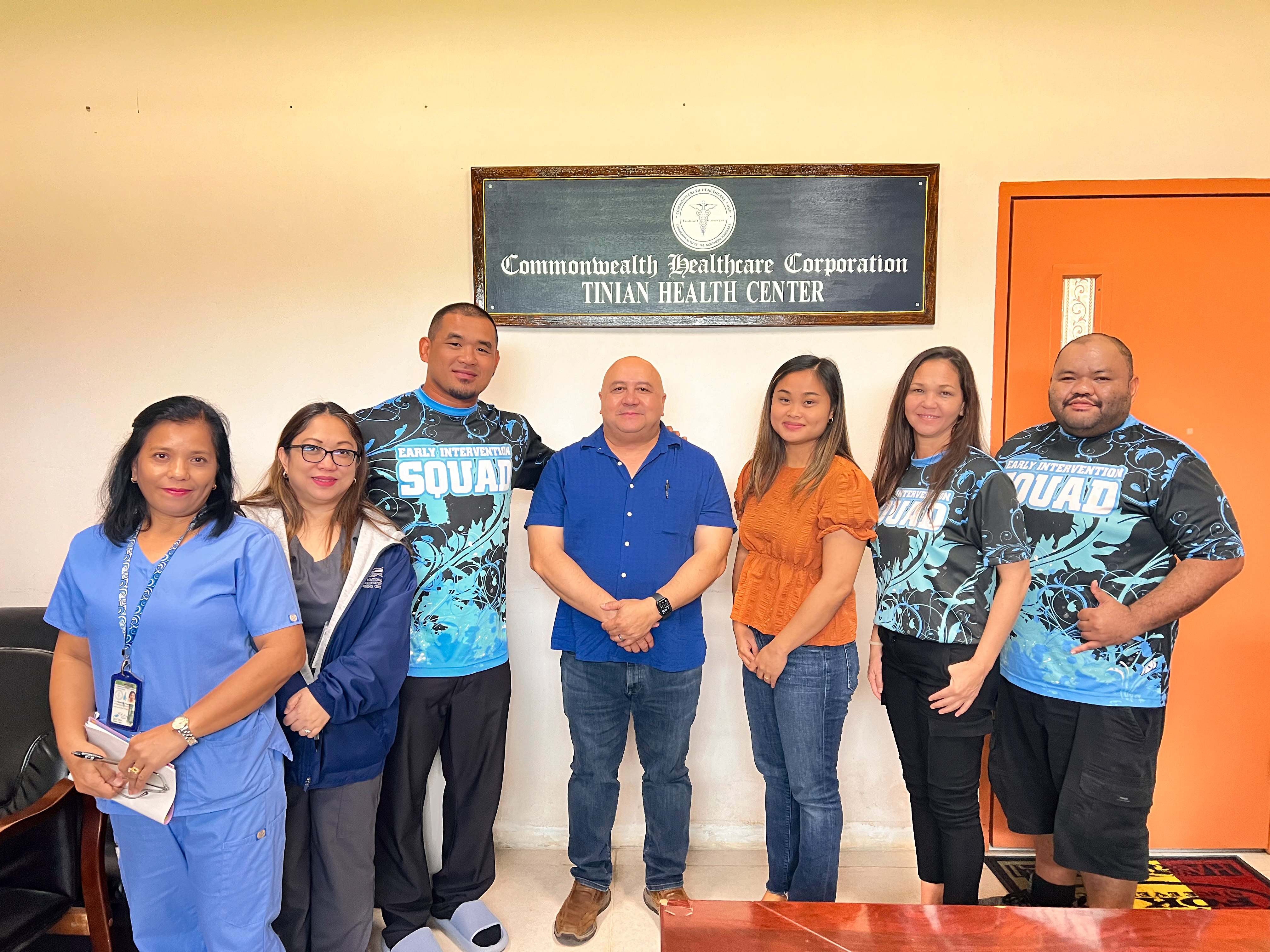 Commissioner of Education Dr. Lawrence F. Camacho with Early Intervention Program Director Robin Palacios, Early Intervention Program specialists Peter Mendiola and Nace Soalabai, Acting Tinian Public Health Resident Director Gizelle Ablan, Tinian Public Health-Immunization Program’s Tessa Diaz, and Tinian Health Center nurse Rejean Nuyda.