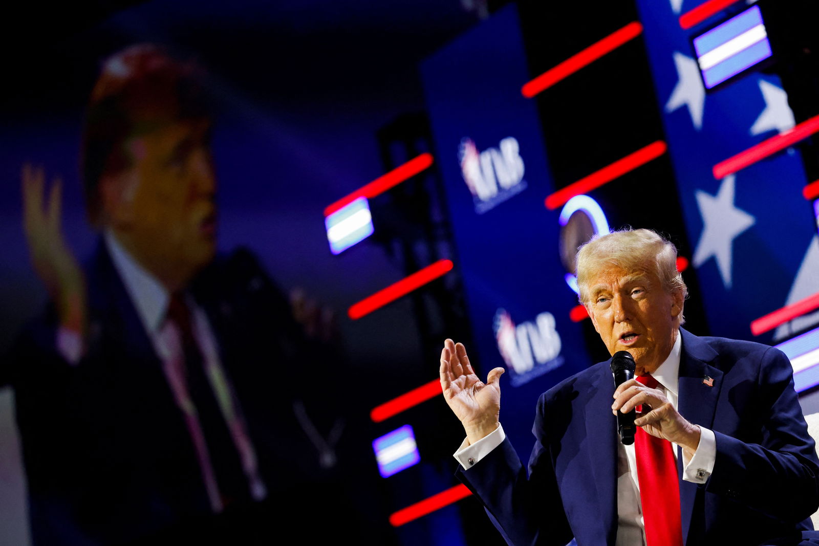 Republican presidential nominee Donald Trump participates in a moderated Q&A at the National Faith Advisory Summit, in Powder Springs, Georgia, Oct. 28, 2024.