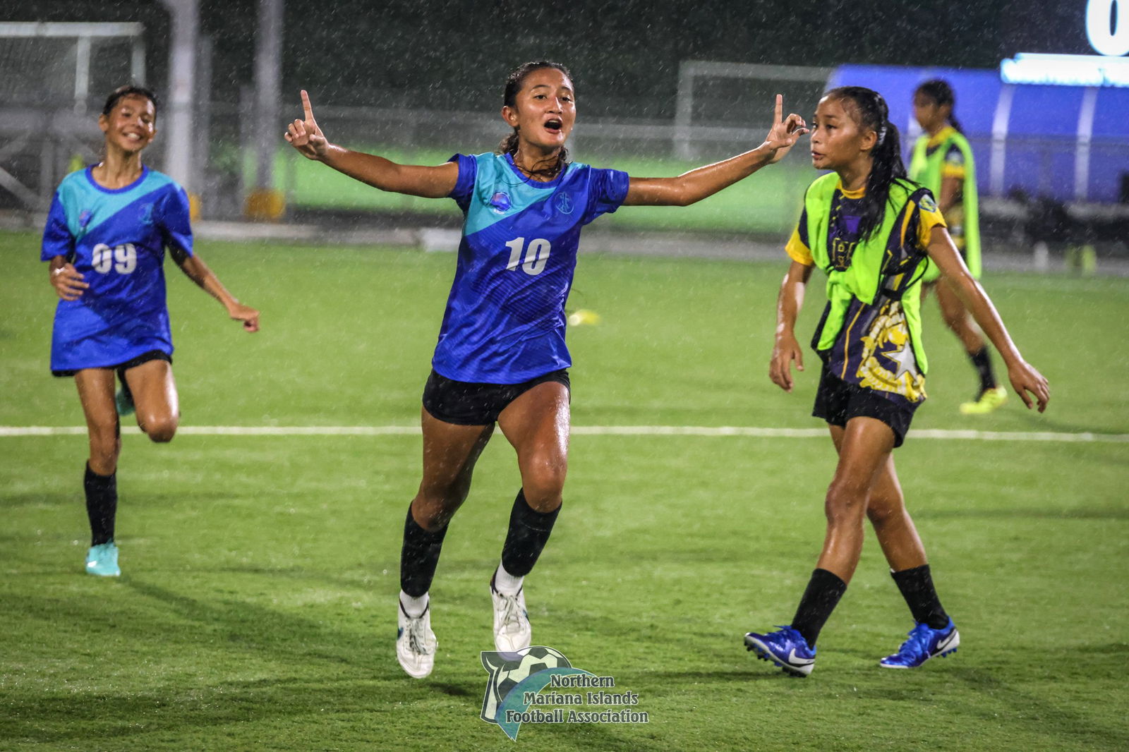 Saipan International School's Beatrice Gross celebrates after scoring the game-winning goal to defeat Hopwood Middle School and reclaim the girls middle school division championship of the PSS-NMIFA Interscholastic Soccer League at the NMI Soccer Training Center on Tuesday 
