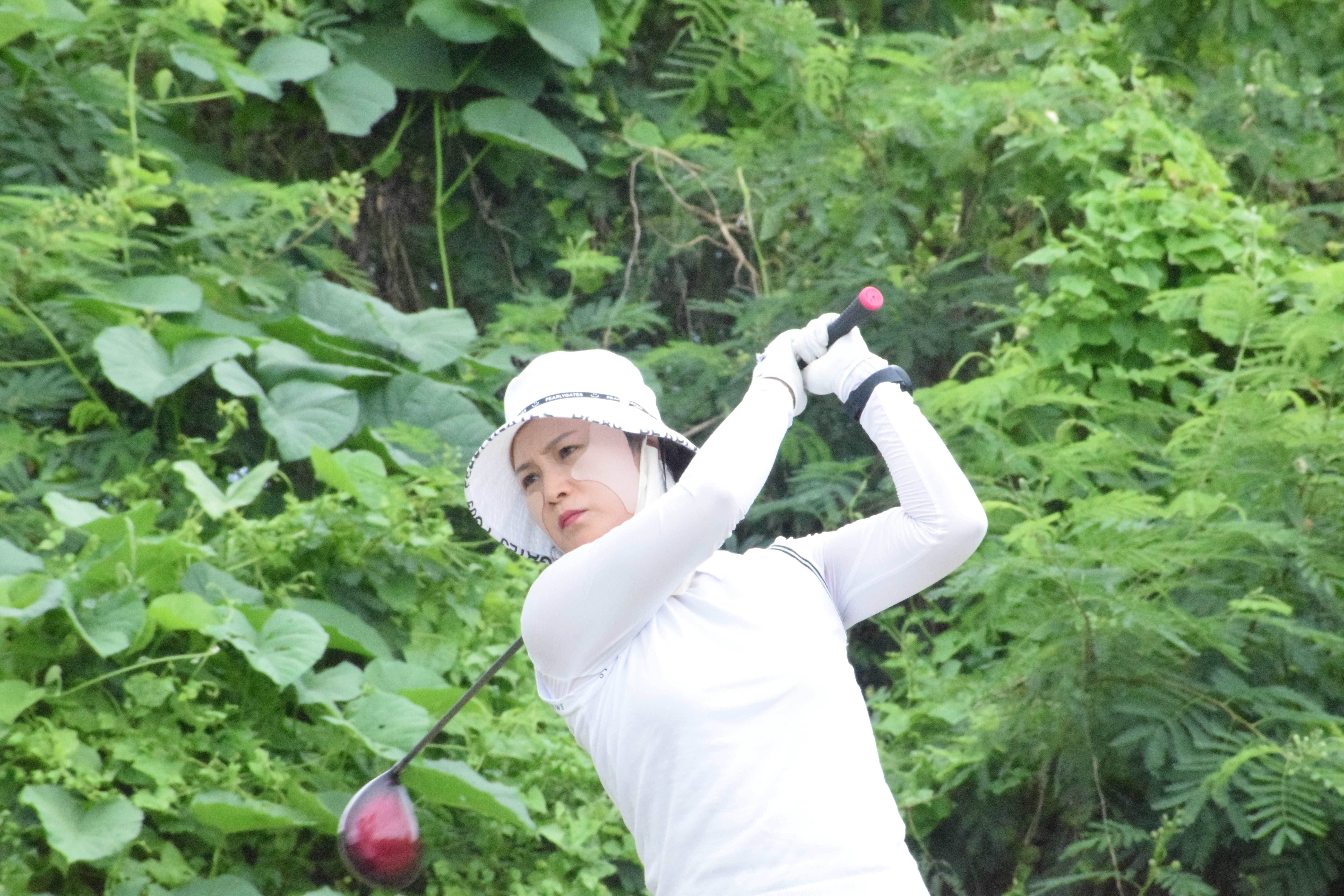 Mi-kyeong Ko tees off on Hole No. 11 during the 2024 Hyulim-Lao Invitational Golf Tournament at LaoLao Bay Golf & Resort’s east course on Saturday.