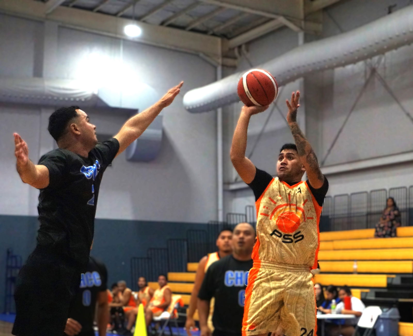 PSS' Melvin Sakisat takes the contested jump shot during a game in the 2024 R&J Wine and Liquor Inter-Government/Business League at the Ada gym on Tuesday. 