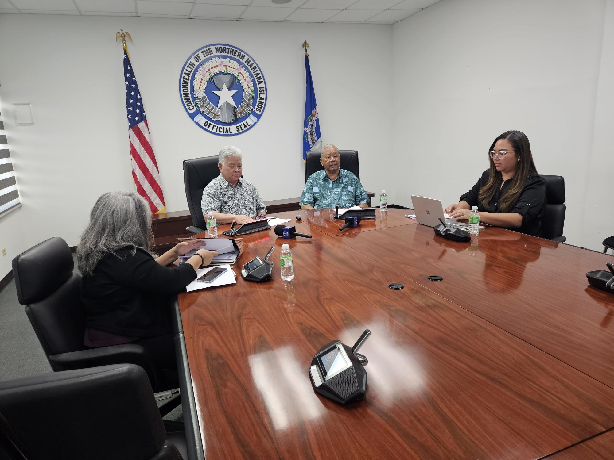 From left, Special Assistant for Management and Budget Vicky Villagomez, Gov. Arnold Palacios, Lt. Gov. David M. Apatang and Finance Secretary Tracy Norita during a press conference at the governor’s office Thursday.