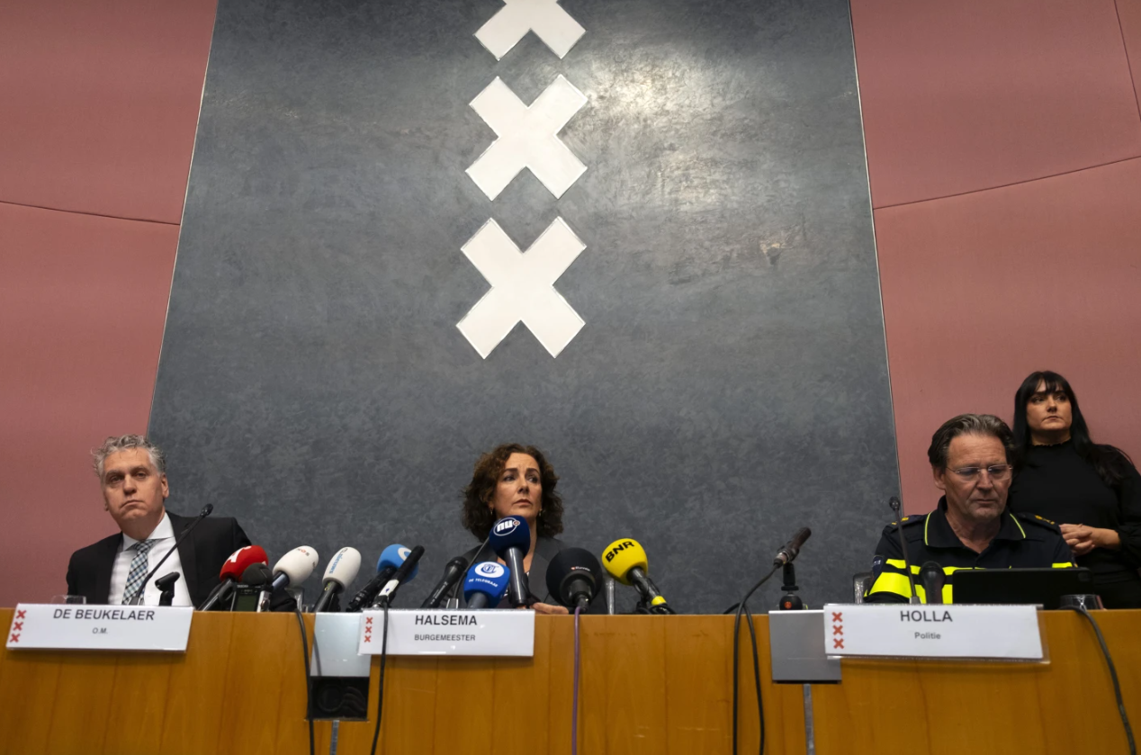 Amsterdam Mayor Femke Halsema, center, acting Amsterdam police chief Peter Holla, right, and head of the Amsterdam public prosecutor’s office, René de Beukelaer, hold a news conference after Israeli fans were assaulted following a soccer match in Amsterdam, the Netherlands, Friday, Nov. 8, 2024.