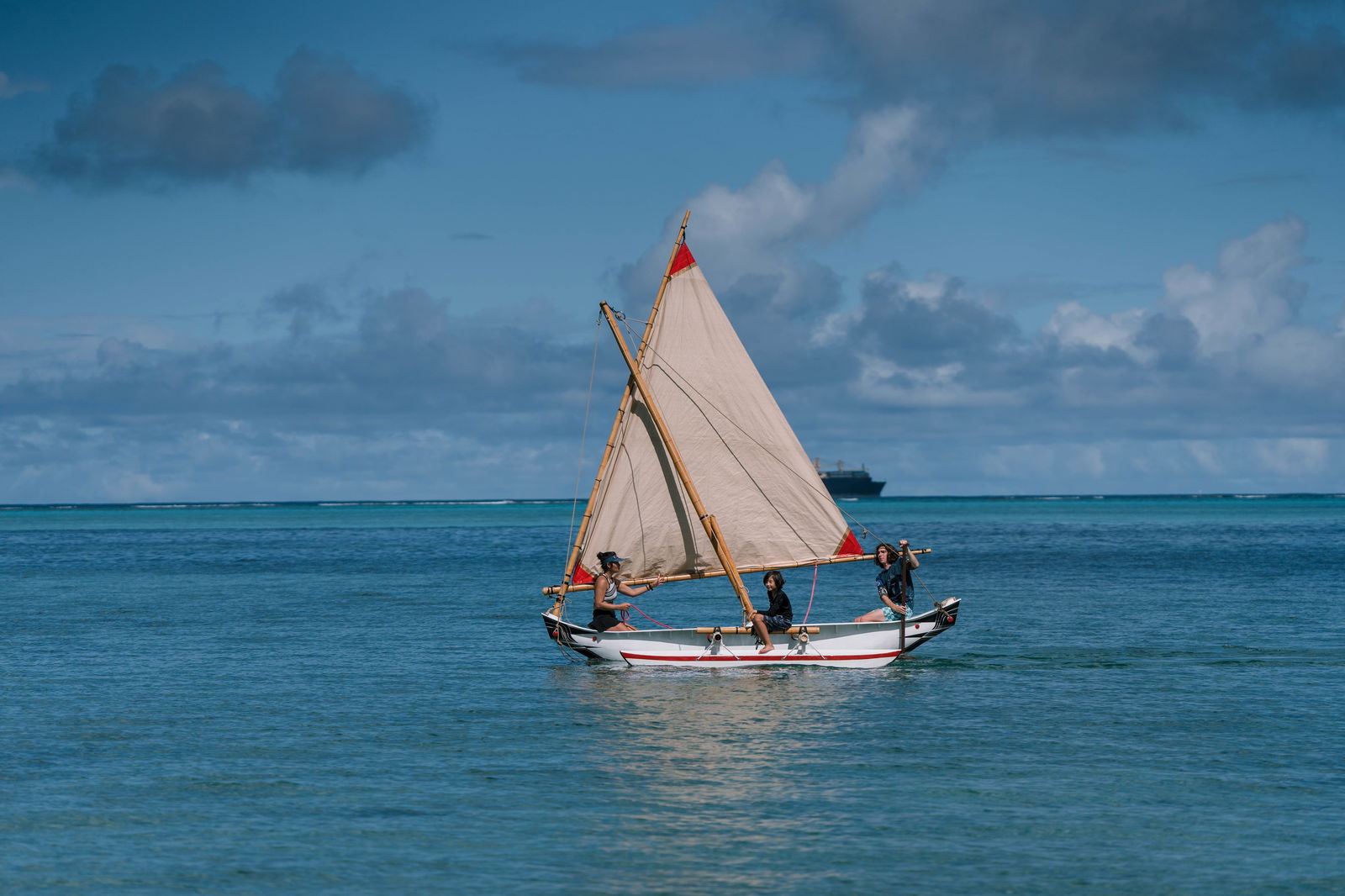Animuyi sails through the Saipan Lagoon on her official launch day. 