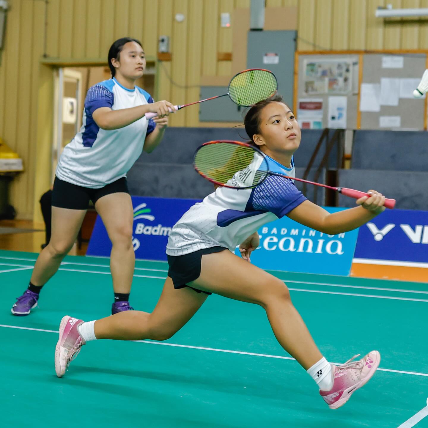 Lina Tsukagoshi, right, and partner Shaina Malonzo in action during a women’s doubles game at the Pacific U17 Invitation Team Challenge in Victoria, Australia on Feb. 2024.
