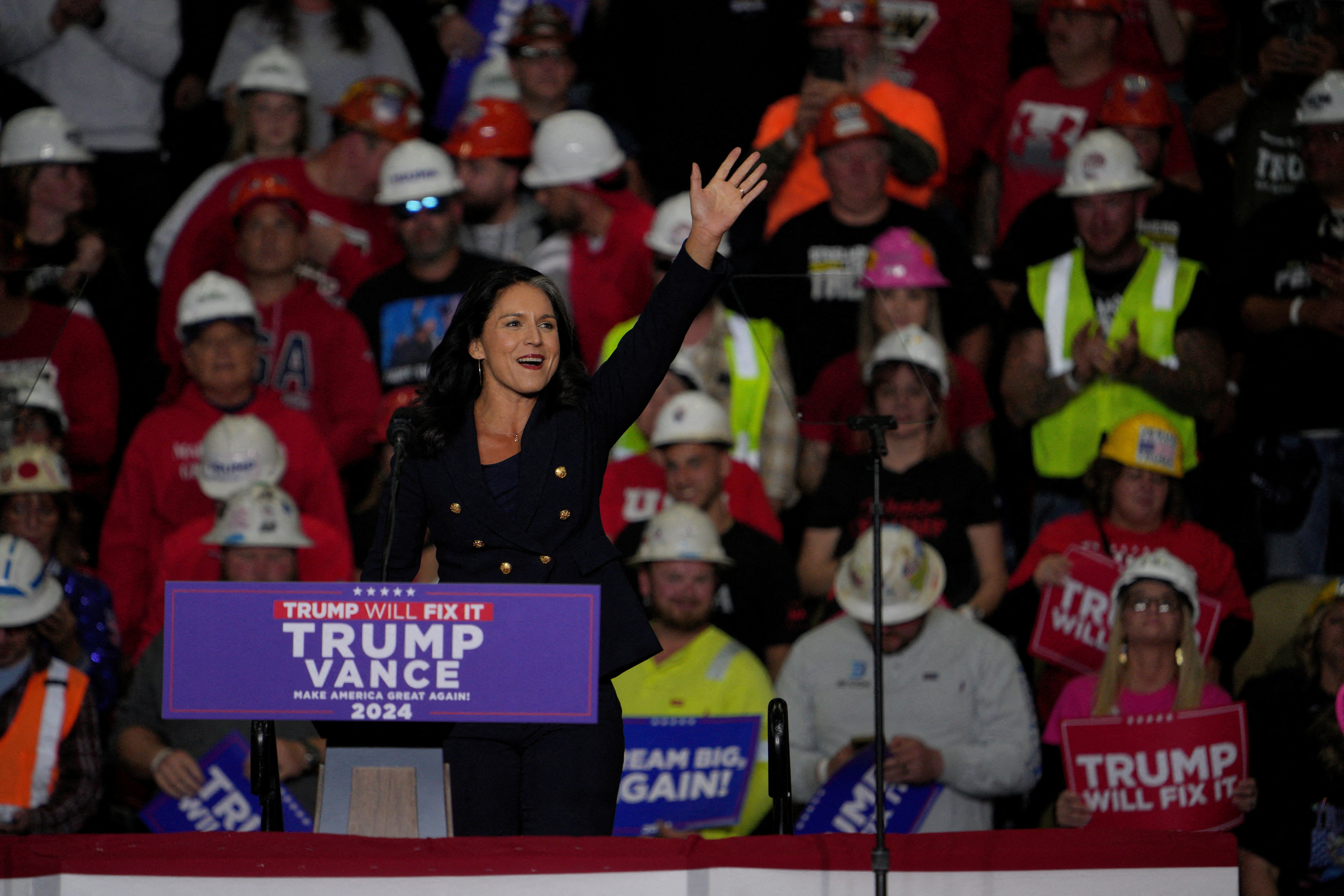 Former U.S. Rep. Tulsi Gabbard attends a campaign rally of Republican presidential nominee Donald Trump at PPG Paints Arena in Pittsburgh, Pennsylvania, Nov. 4, 2024.