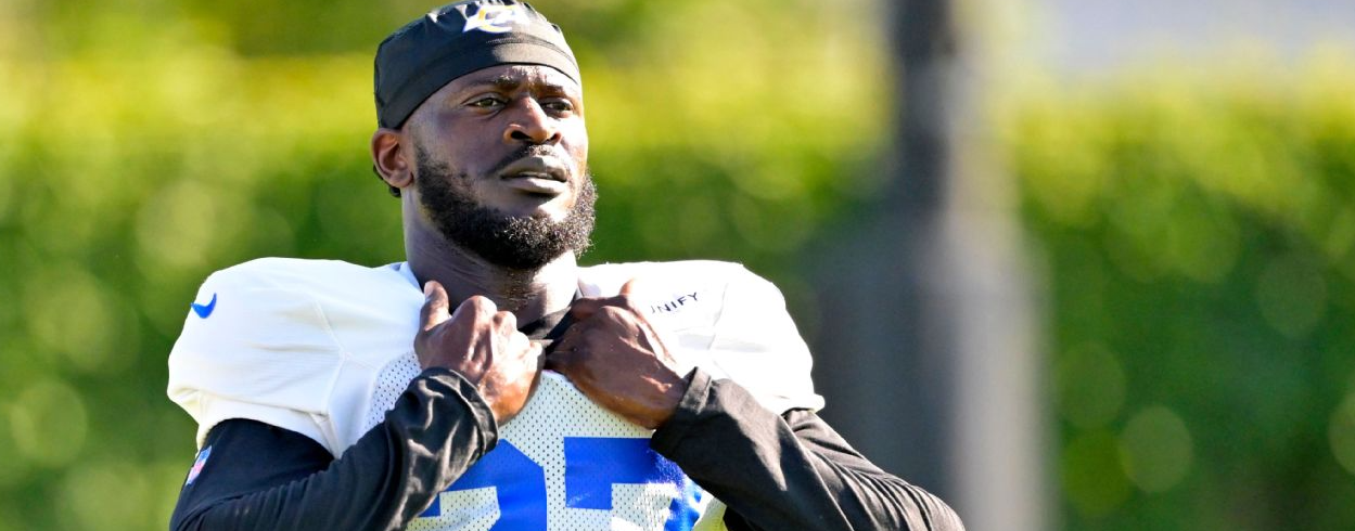Los Angeles Rams cornerback Tre’Davious White (27) looks on during training camp at Loyola Marymount University in Los Angeles, July 29, 2024.