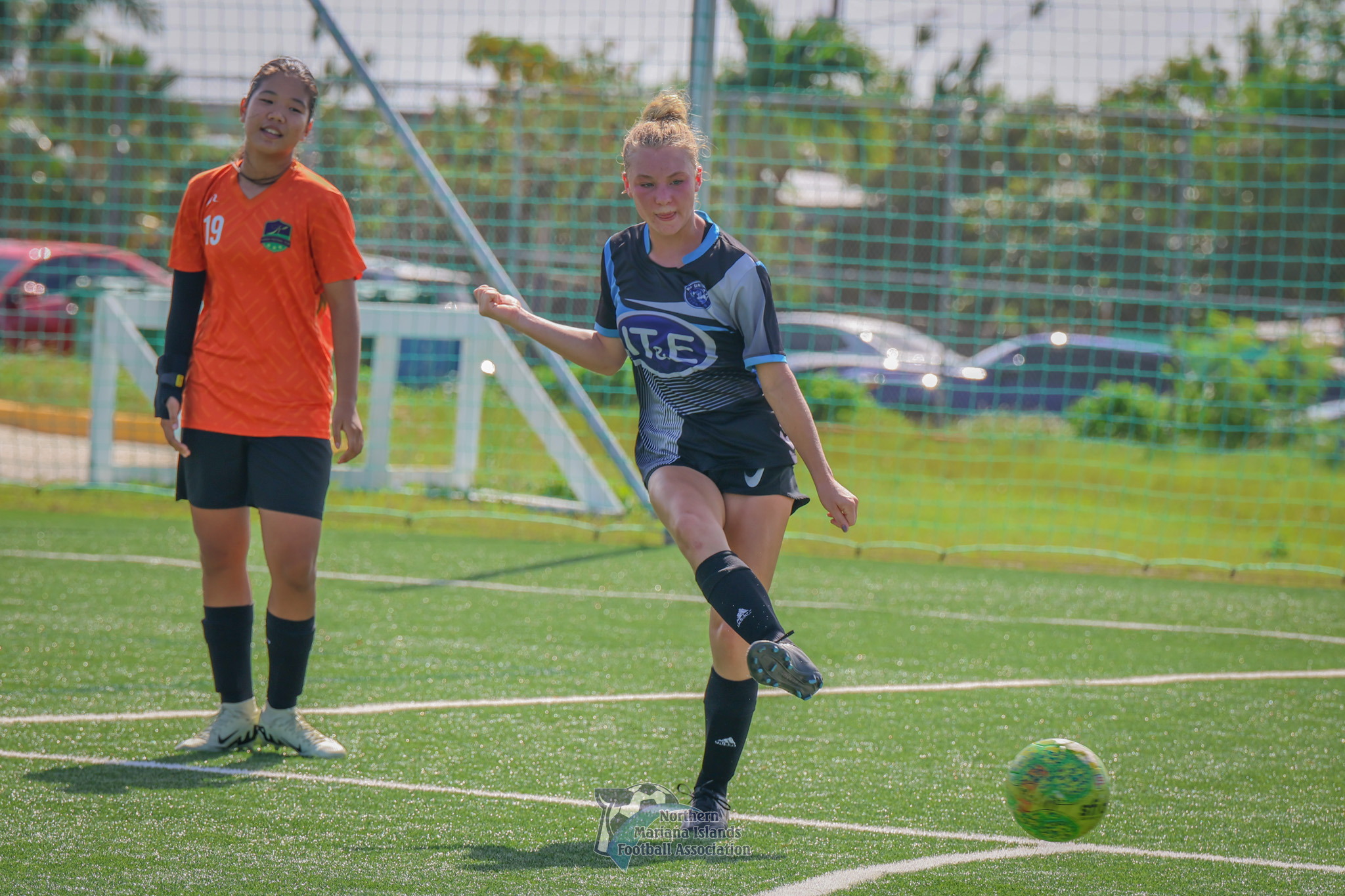 MPU's Addalee Tafinger attempts a shot during a U17 girls division game of the TakeCare Youth Soccer League Fall 2024 tournament at the NMI Soccer Training Center.