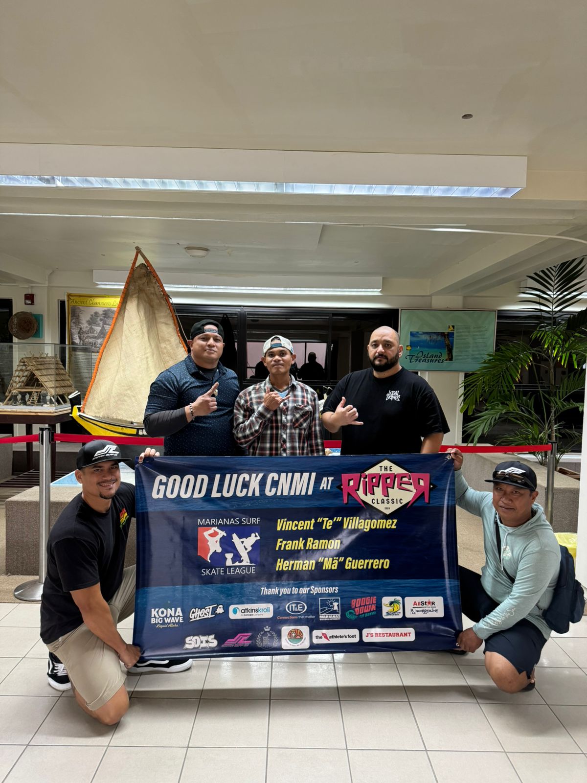 Marianas Surf Skate League President Ed Manibusan, Herman Guerrero, Vincent Villagomez, Dave Cabrera, and Frank Ramon pose for a group photo before traveling to Guam, which will host Guahan Bodyboarder’s Inc. Ripper Classic over this weekend. 