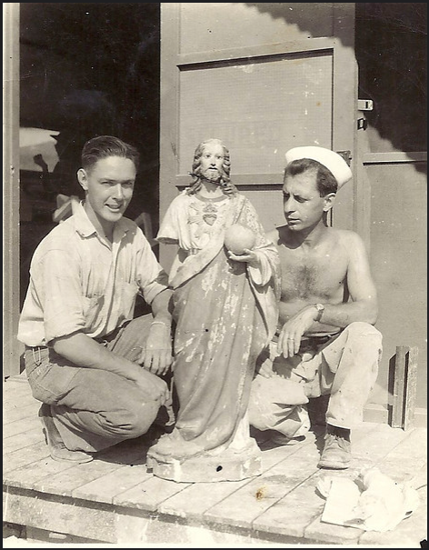 The man on the left is Herb, who helped Manny restore this statue. Manny Rosa, on the right received national press for restoring religious statues while on Saipan during his spare time. This is the last statue prior to being restored.