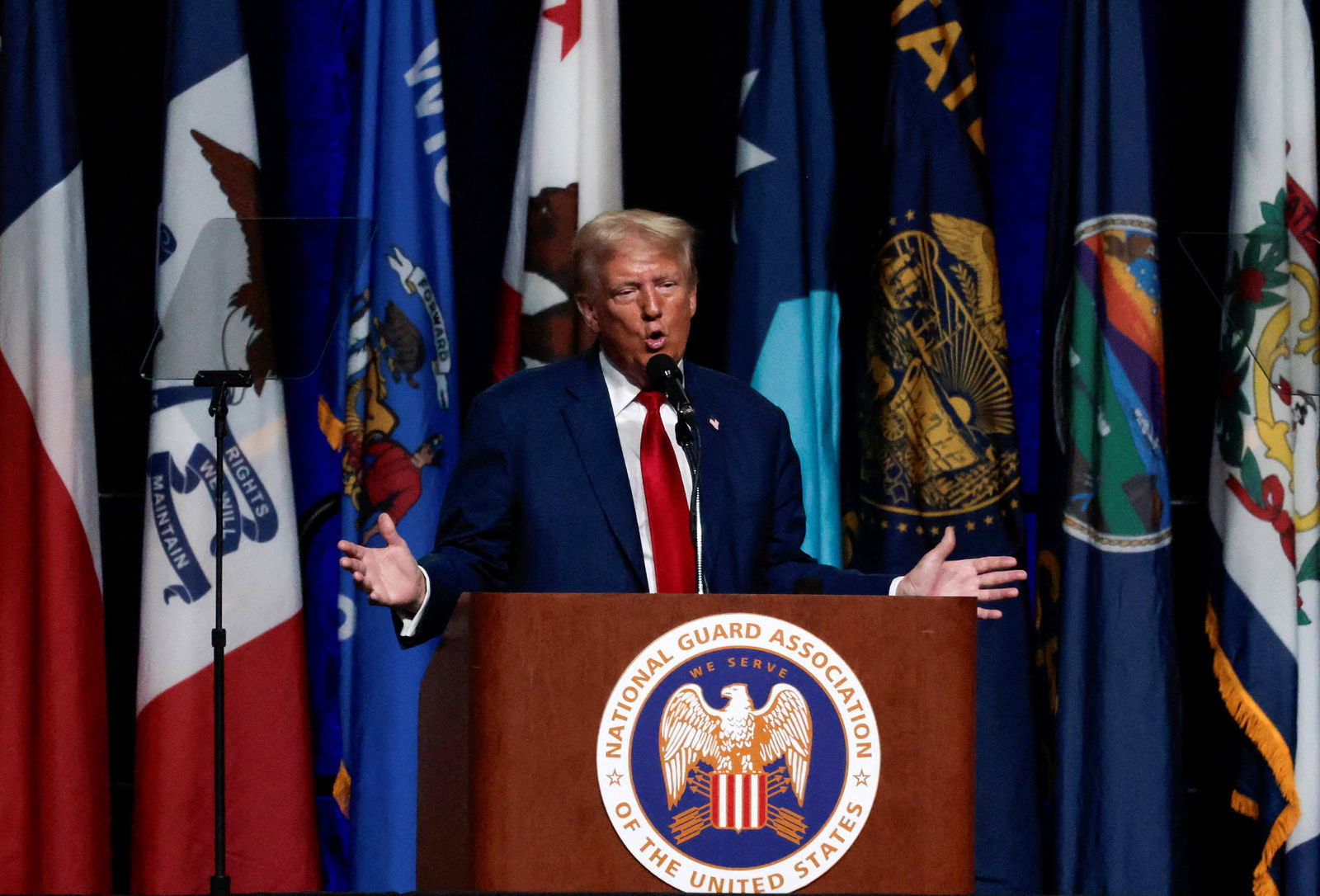 Republican presidential nominee Donald Trump speaks at the National Guard of the United States General Conference in Detroit, Michigan Aug. 26, 2024.