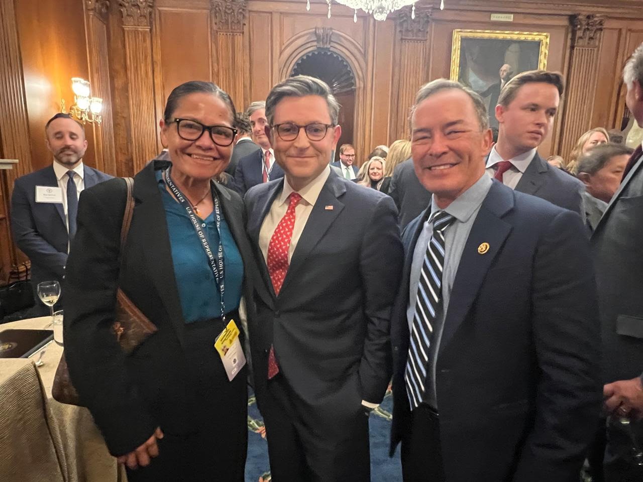 U.S. Congresswoman-elect Kimberlyn King-Hinds of the CNMI, left, and U.S. Congressman Jim Moylan of Guam, right, attend a reception hosted by Speaker of the U.S. House of Representatives Mike Johnson of Louisiana.