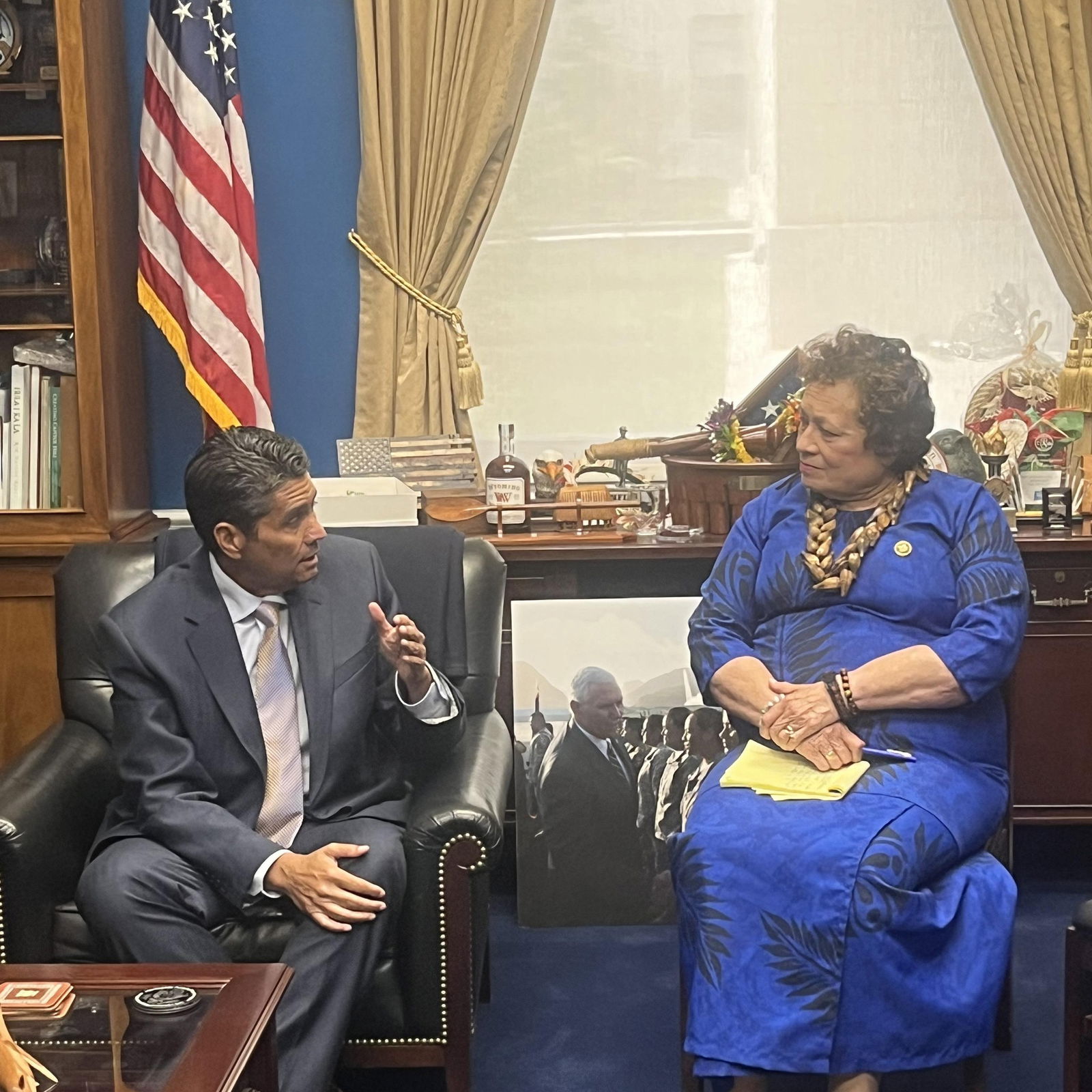 Palau President Surangel Whipps Jr. meets with U.S. Congresswoman Uifa’atali Amata of American Samoa.
