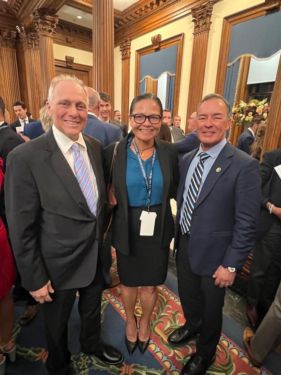 Delegate-elect Kimberlyn King-Hinds, center, receives a warm welcome to Congress by U.S. House Majority Leader Steve Scalise of Louisiana, left, Also in photo is Guam's re-elected delegate, Jim Moylan.