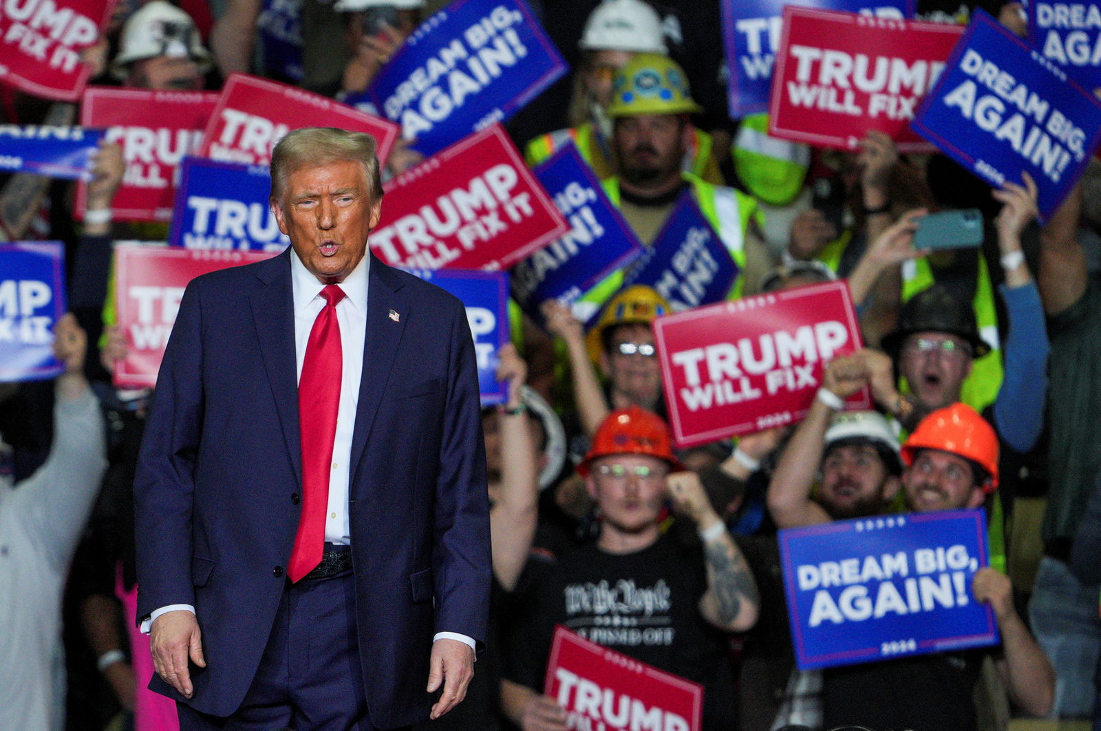 Republican presidential nominee Donald Trump attends a campaign rally at PPG Paints Arena in Pittsburgh, Pennsylvania, Nov. 4, 2024.