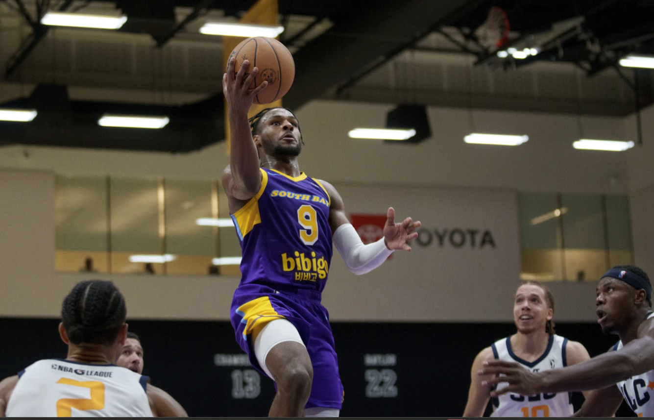 South Bay Lakers guard Bronny James drives to the basket during the first half of an NBA G League game against the Salt Lake City Starts, Saturday, Nov. 9, 202 in El Segundo, Calif.