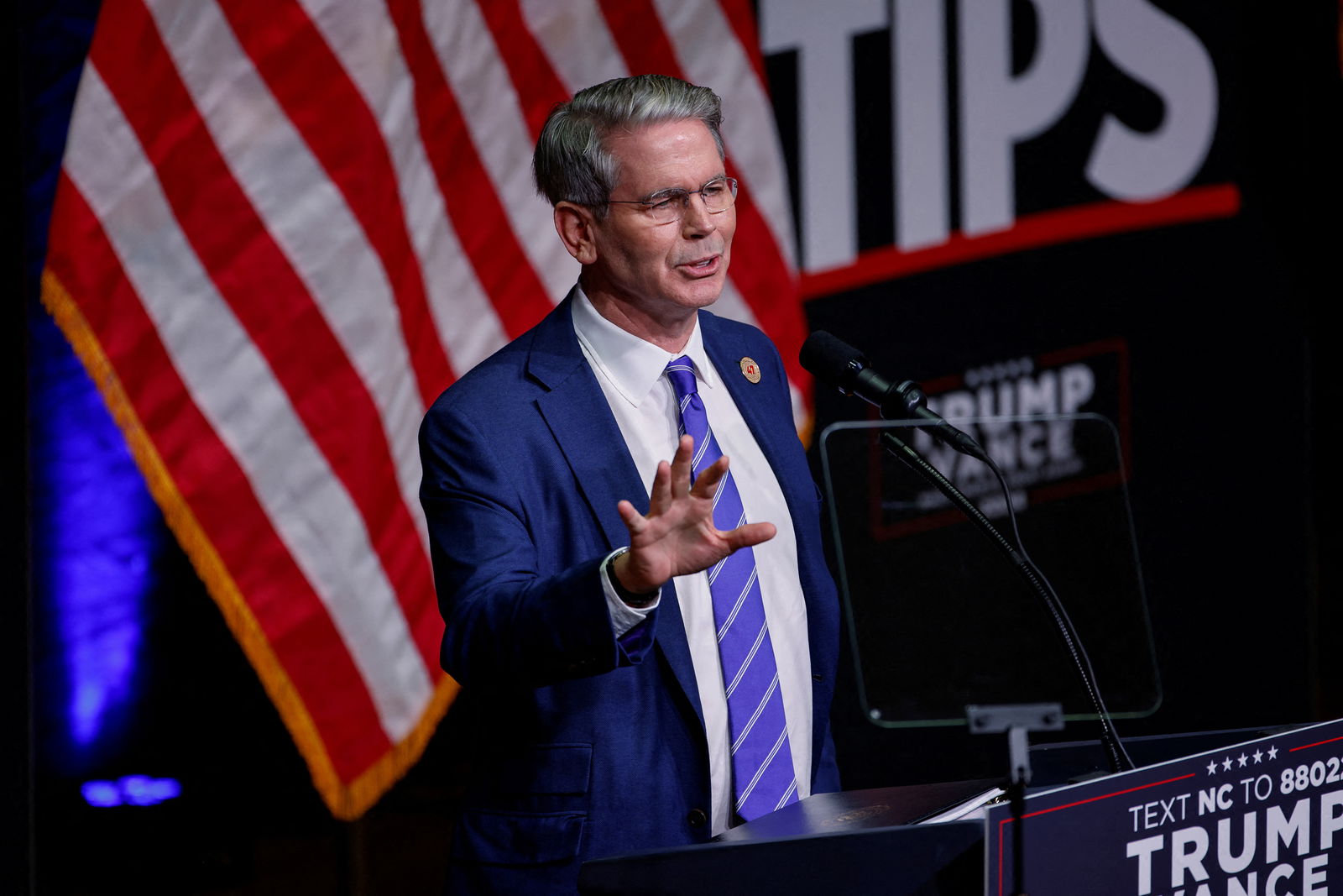 Key Square Group founder Scott Bessent speaks at a campaign event for Republican presidential nominee Donald Trump in Asheville, North Carolina, Aug. 14, 2024.