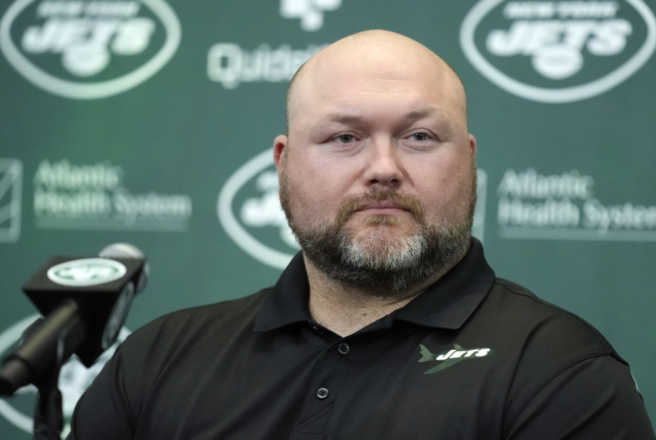 New York Jets general manager Joe Douglas listens during a news conference at the team’s NFL training facility in Florham Park, N.J., April 26, 2023.