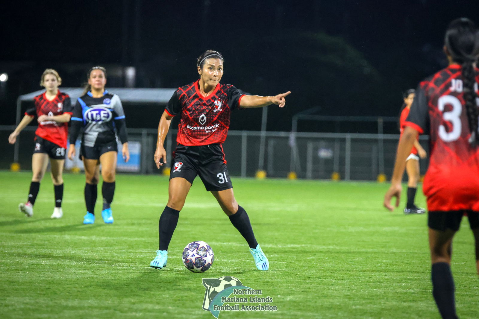 Paire Football Club's Pamela Walsh sets up the play after securing the possession during an A division game of the Dove Women's League Fall 2024 at the NMI Soccer Training Center in Koblerville.