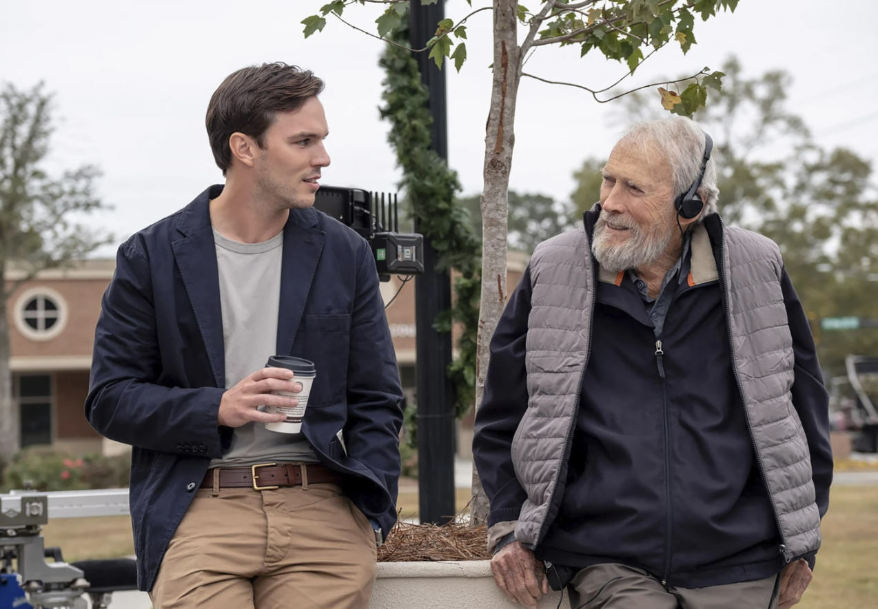 Nicholas Hoult, left, and Clint Eastwood behind the scenes during the production for “Juror #2.”