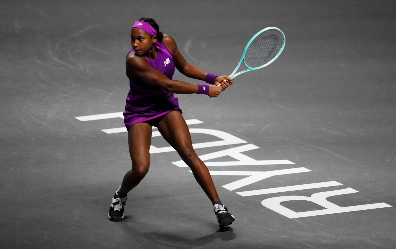 Coco Gauff of the U.S. in action during her women's singles group stage match against Poland's Iga Swiatek in the WTA Finals at King Saud University Indoor Arena, Riyadh, Saudi Arabia, Nov. 5, 2024.